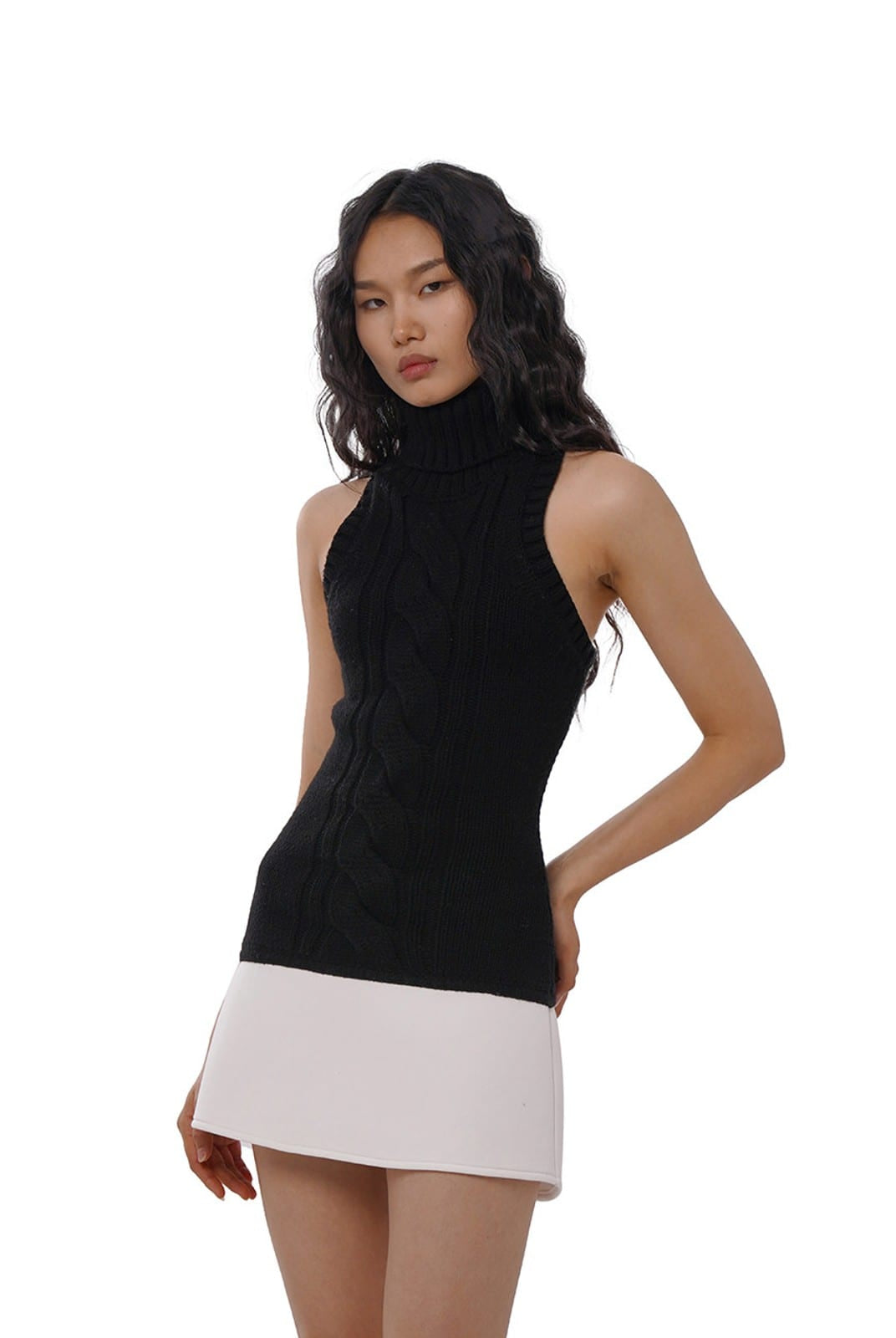 SweetChilling Paneled Cable Knit Turtleneck Dress in Black - On Female Model