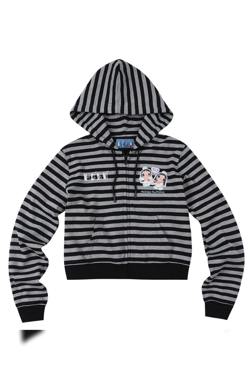 MEDM Cropped Striped Applique Zip Hoodie in Black