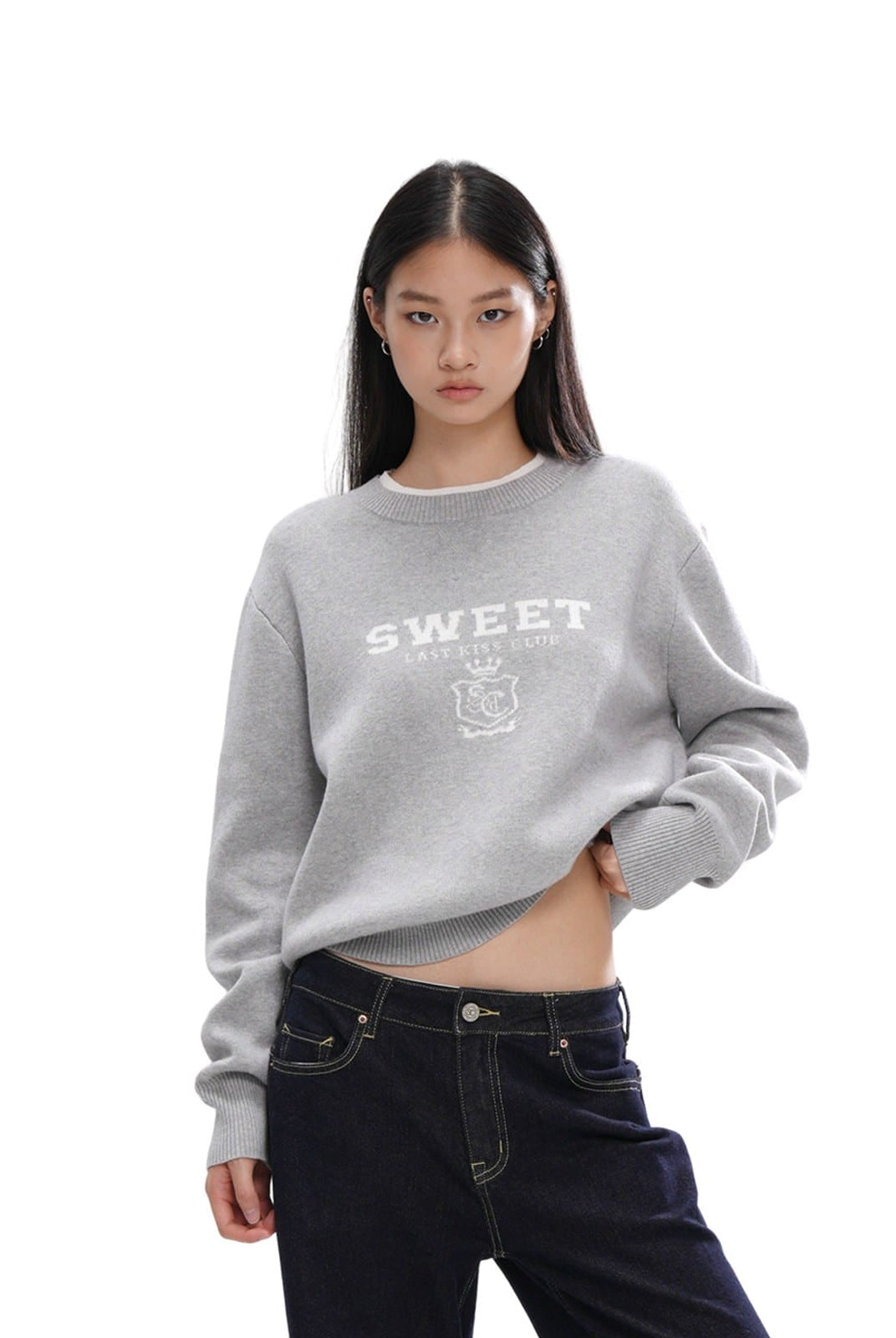 SweetChilling Layered Look Jacquard Crewneck Sweater in Gray - On Female Model