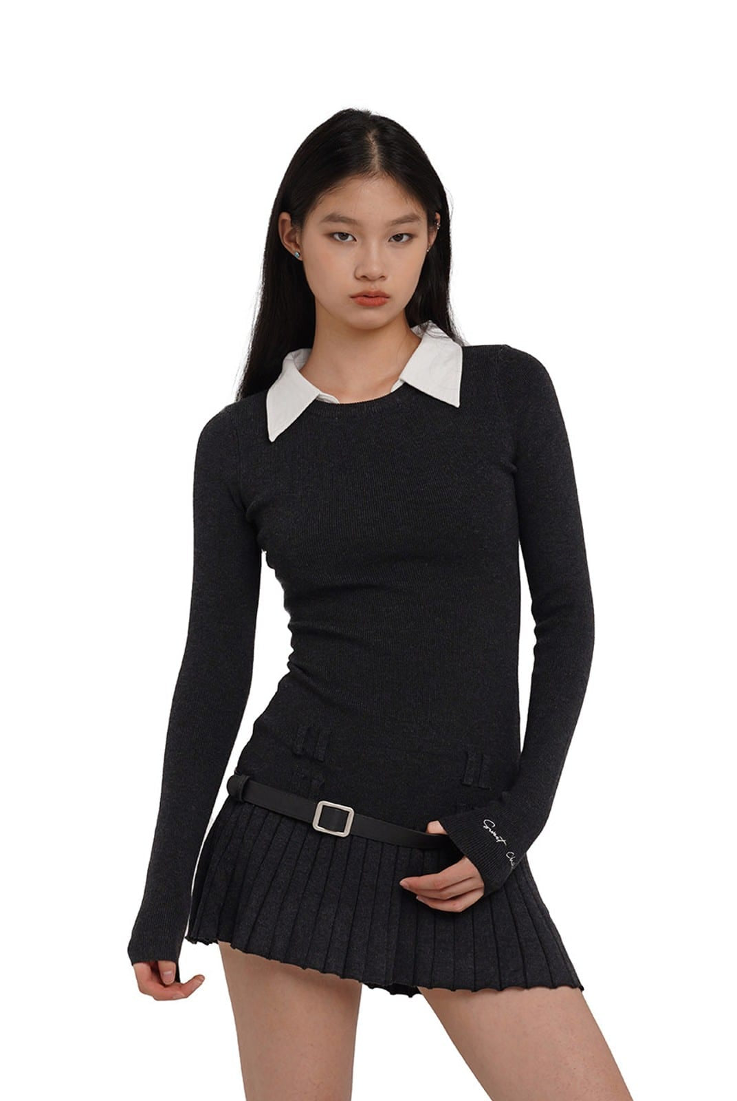 SweetChilling Layered Look Pleated Dress with Belt in Gray - On Female Model