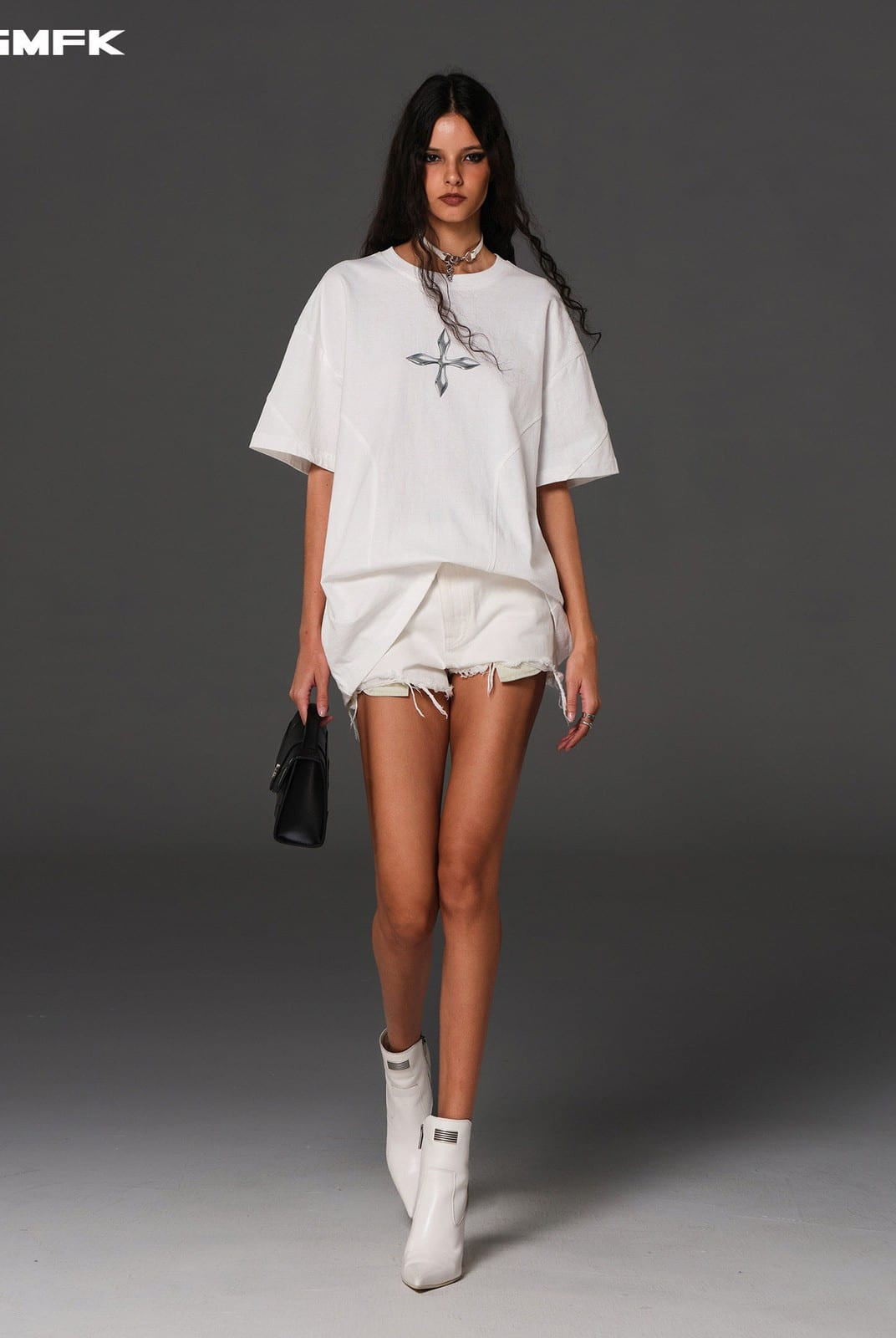 SMFK Oversized Cotton Graphic T Shirt in White - On Female Model