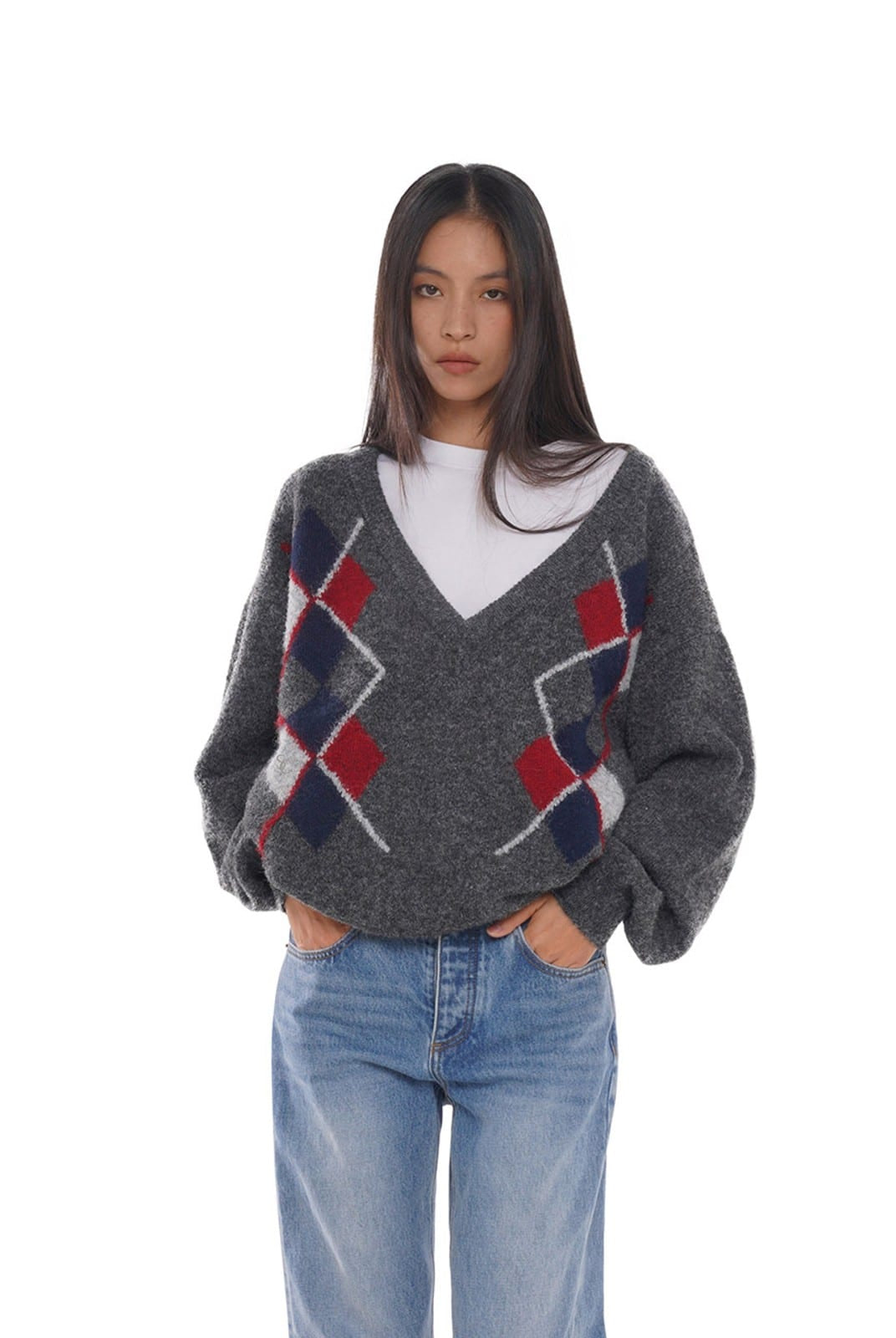SweetChilling Argyle Jacquard V Neck Sweater in Gray - On Female Model