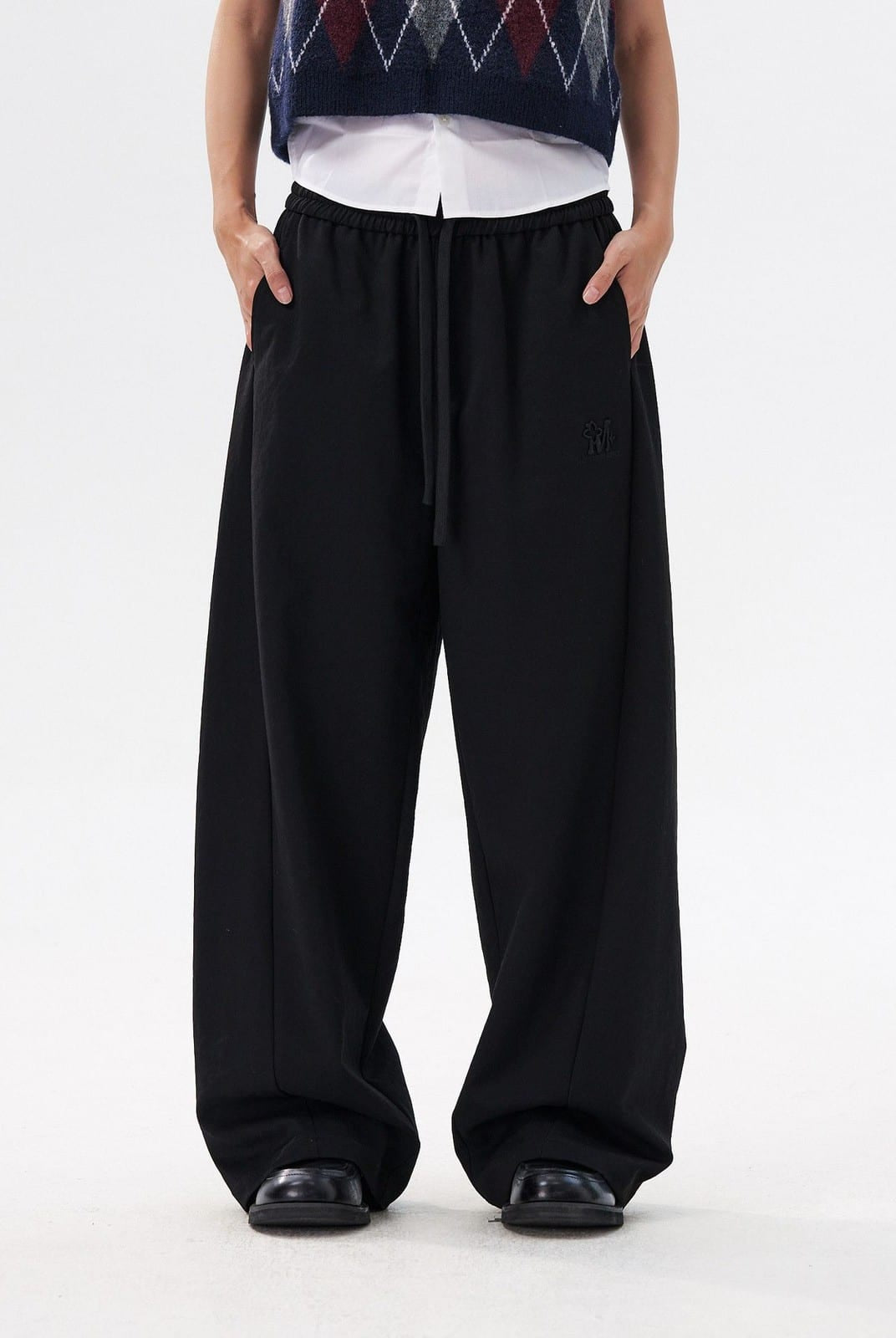 MEDM Spliced Drawstring Wide Leg Trousers in Black - On Model
