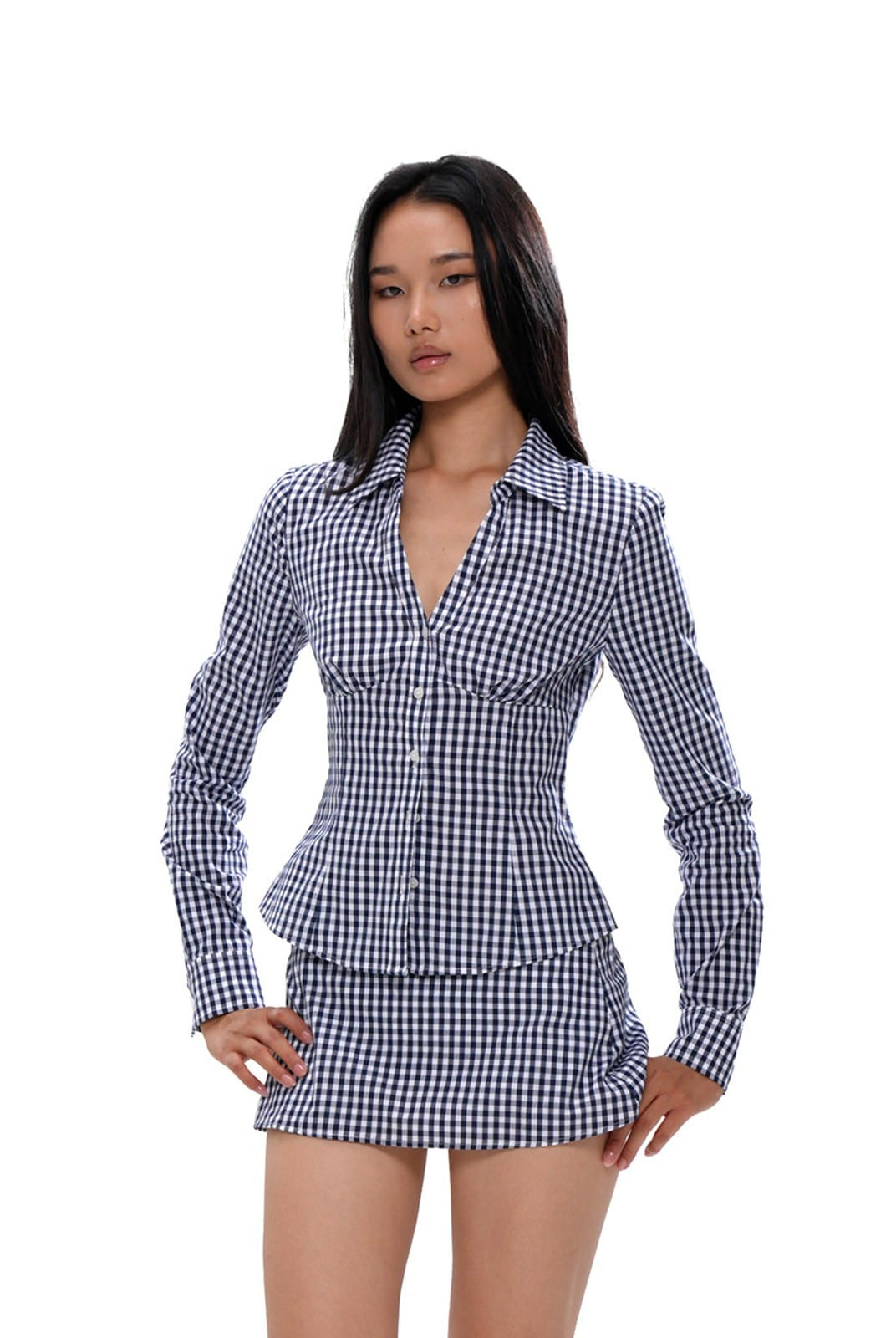 SweetChilling Gingham V Neck Button Up Shirt in Blue - On Female Model
