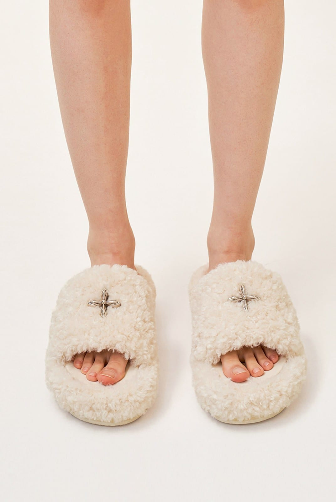 SMFK Cross Motif Faux Fur Platform Slides in White - On Model