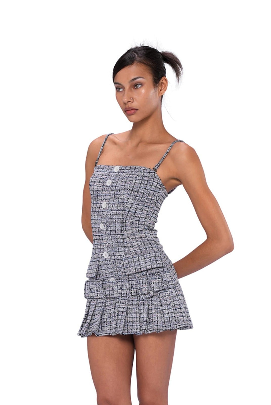 SweetChilling Tweed Effect Pleated Mini Dress in Navy Blue - On Female Model