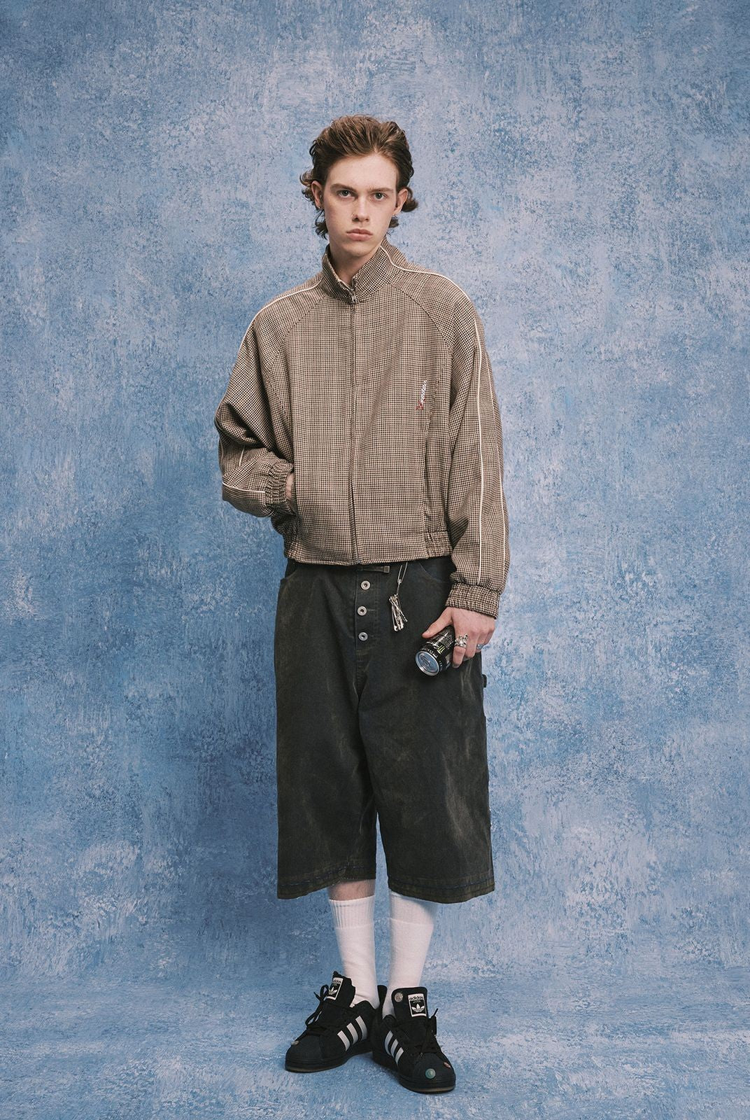 SOD Wool Blend Houndstooth Track Jacket in Khaki - On Male Model
