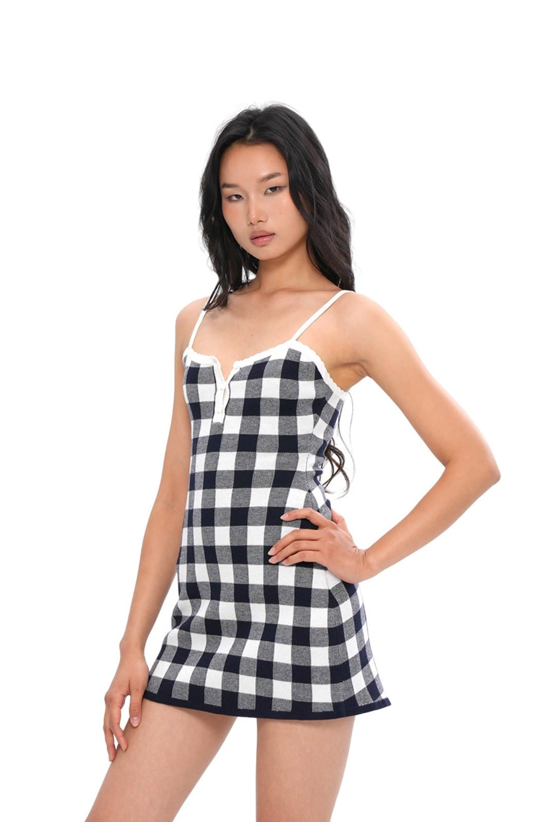 SweetChilling Plaid Wool Blend Knit Slip Dress in White - On Female Model