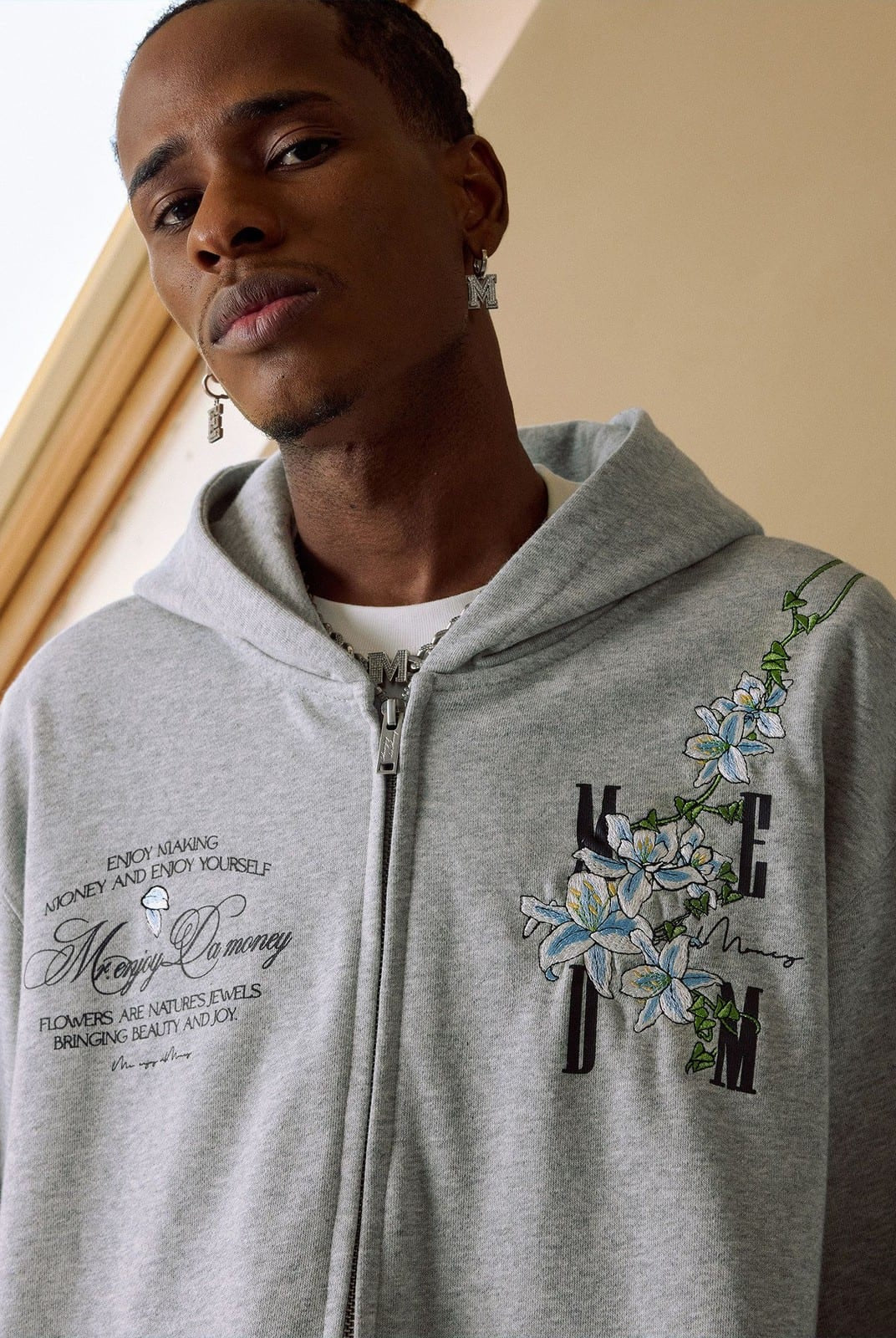MEDM Floral Embroidered Zip Up Hoodie in Gray - On Male Model
