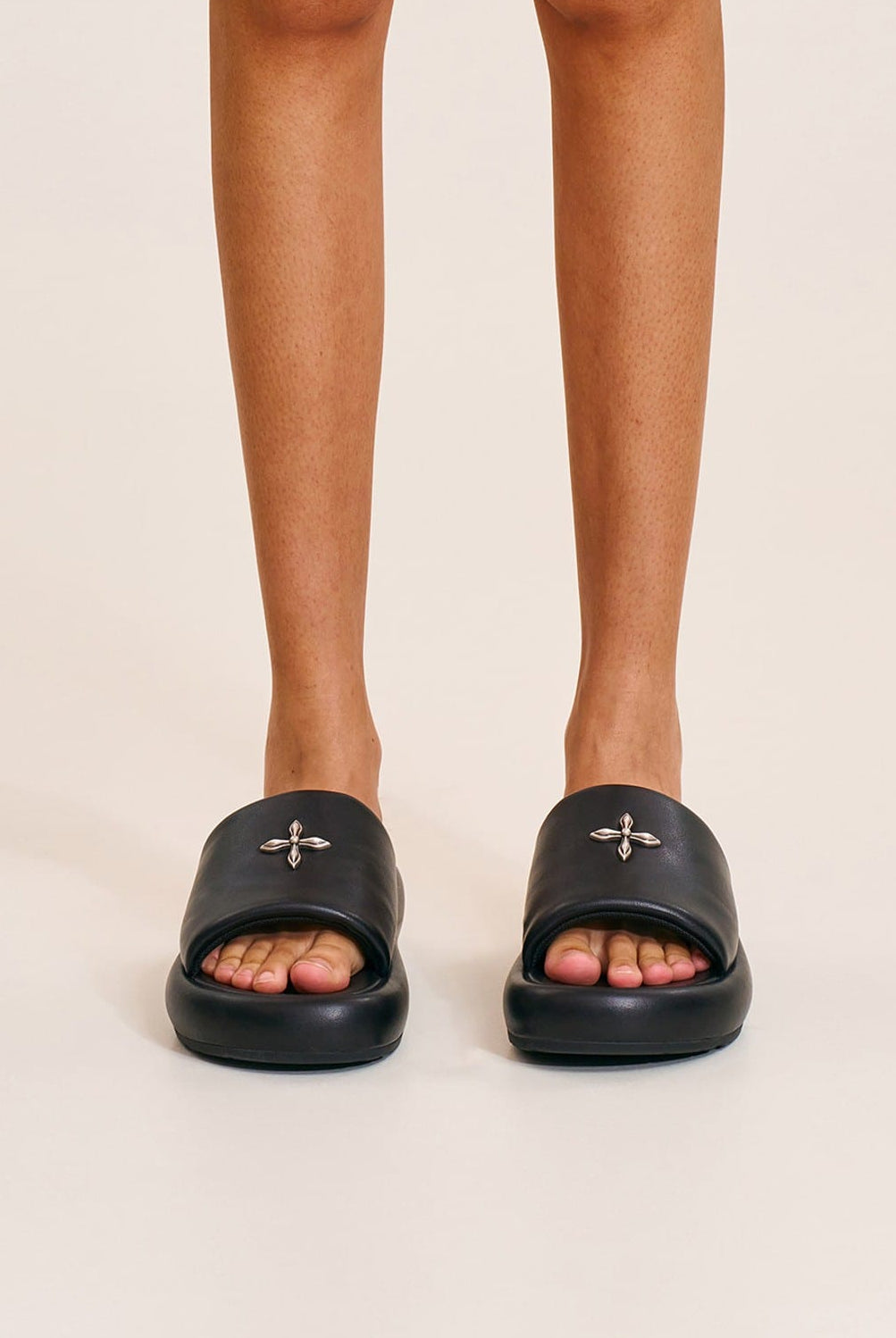 SMFK Cowhide Leather Cross Hardware Slides in Black - On Model