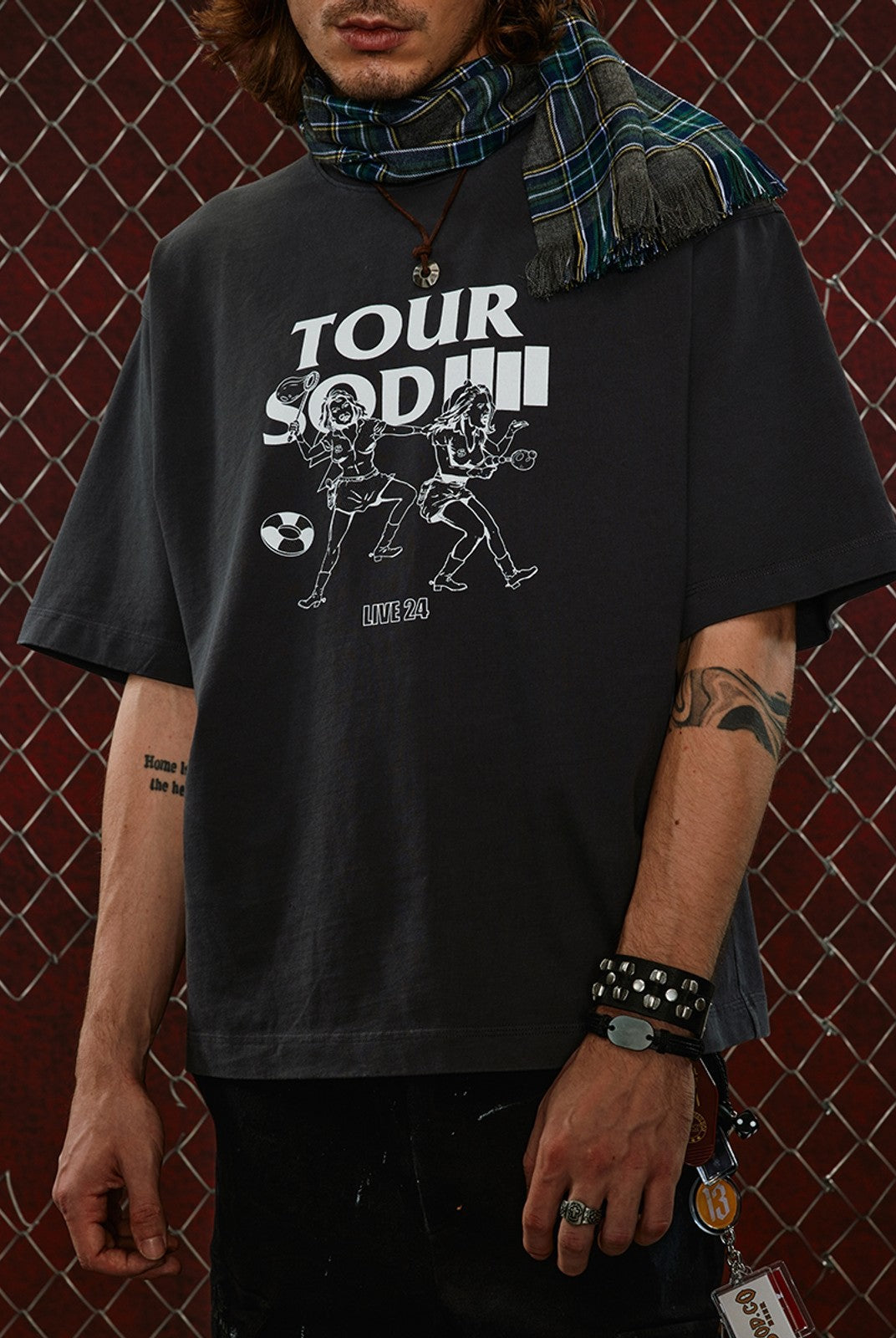 SOD Vintage Wash Tour Graphic T Shirt in Gray - On Male Model