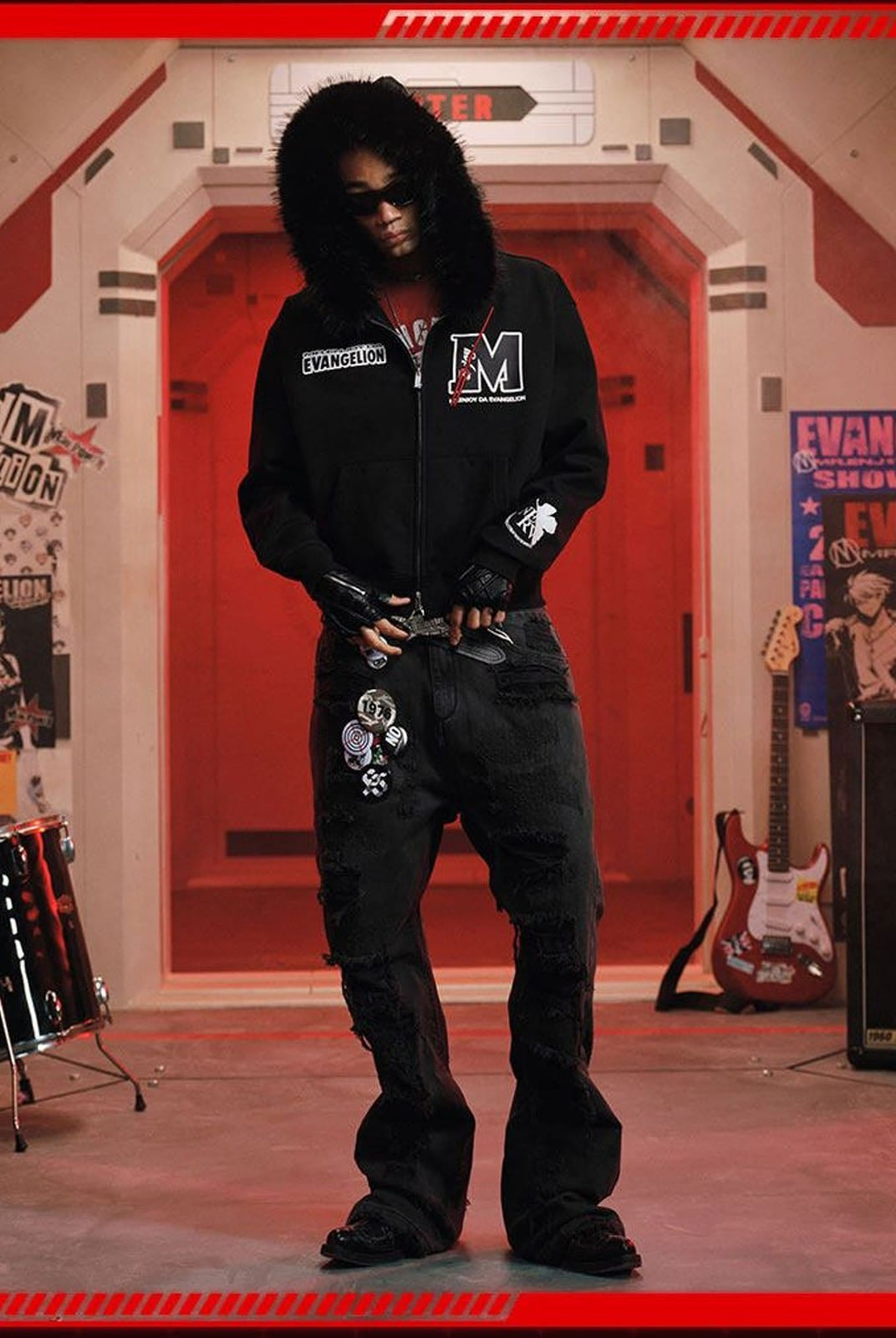 MEDM Faux Fur Trimmed Graphic Zip Hoodie in Black - On Male Model