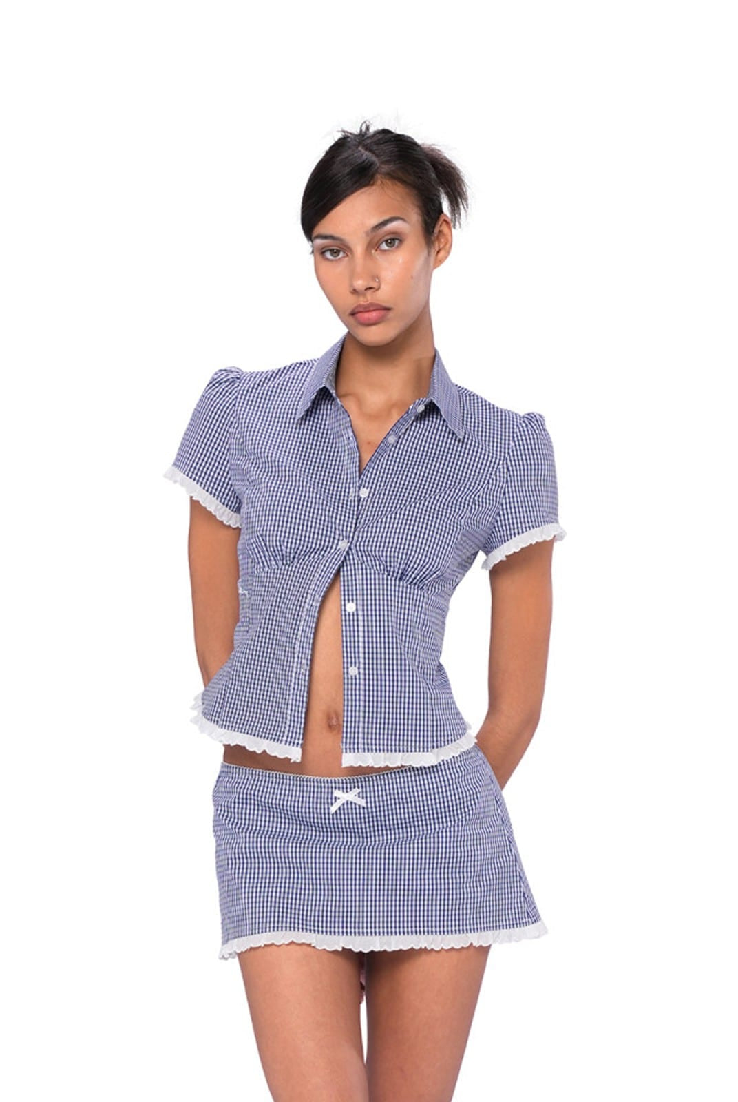 SweetChilling Gingham Mini Skirt with Built In Shorts in Navy Blue - On Female Model