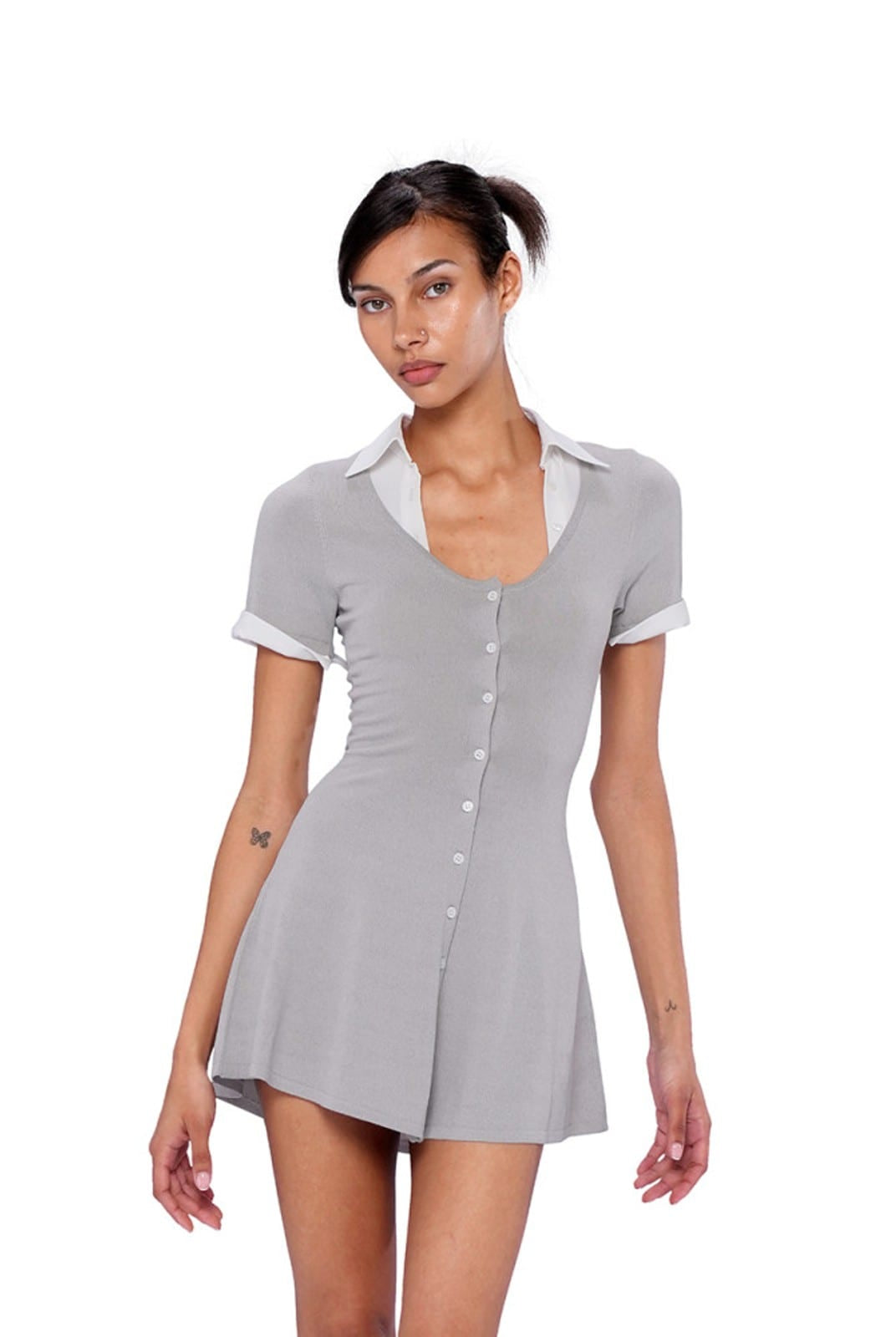 SweetChilling Contrast Collar Knit Mini Dress in Gray - On Female Model