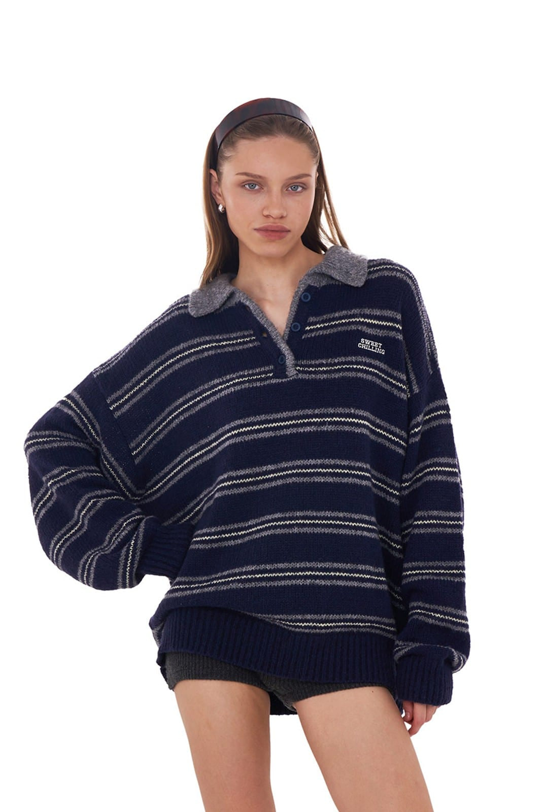 SweetChilling Striped Lambswool Blend Polo Sweater in Navy Blue - On Female Model