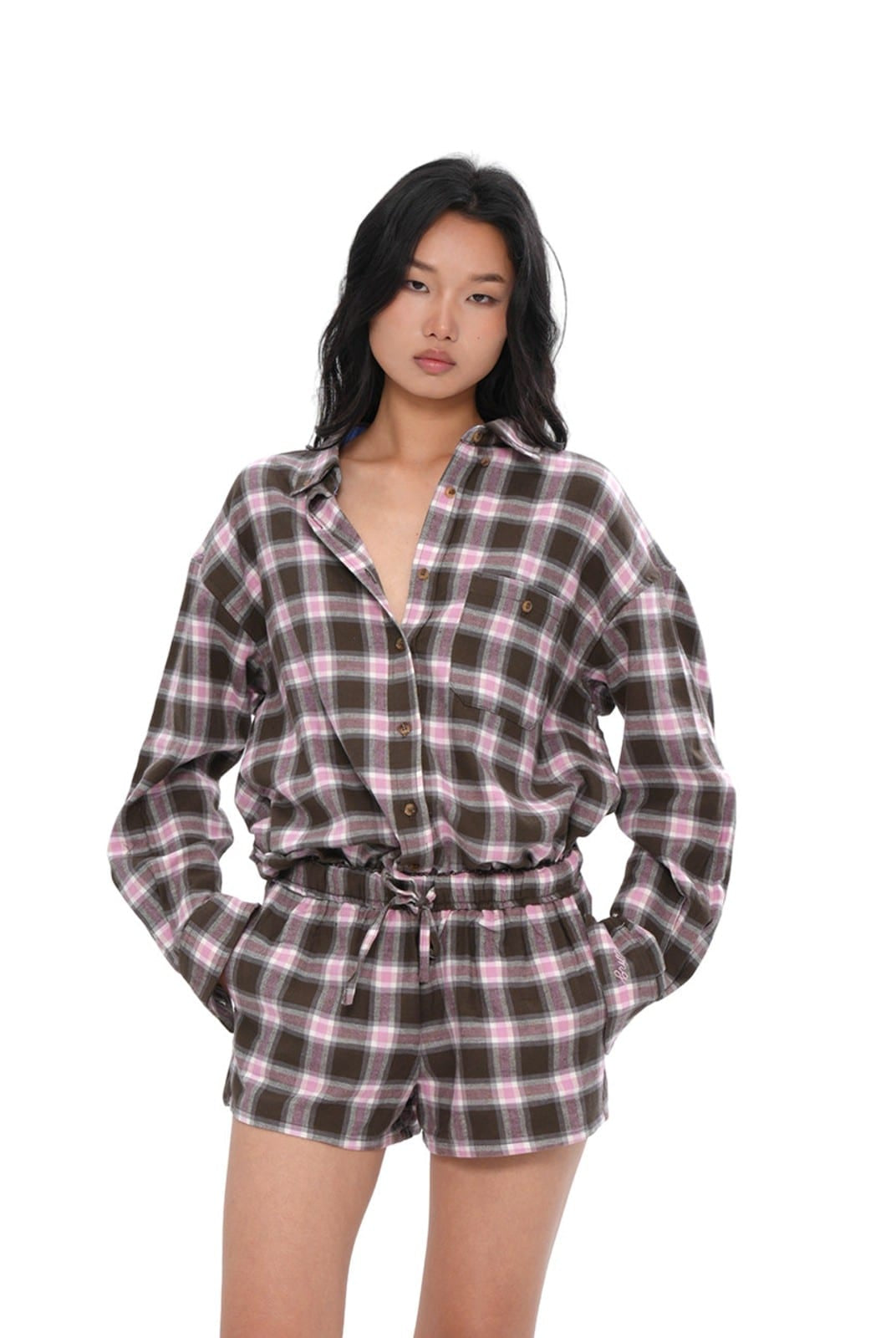 SweetChilling Cotton Plaid Drawstring Shorts in Pink - On Female Model