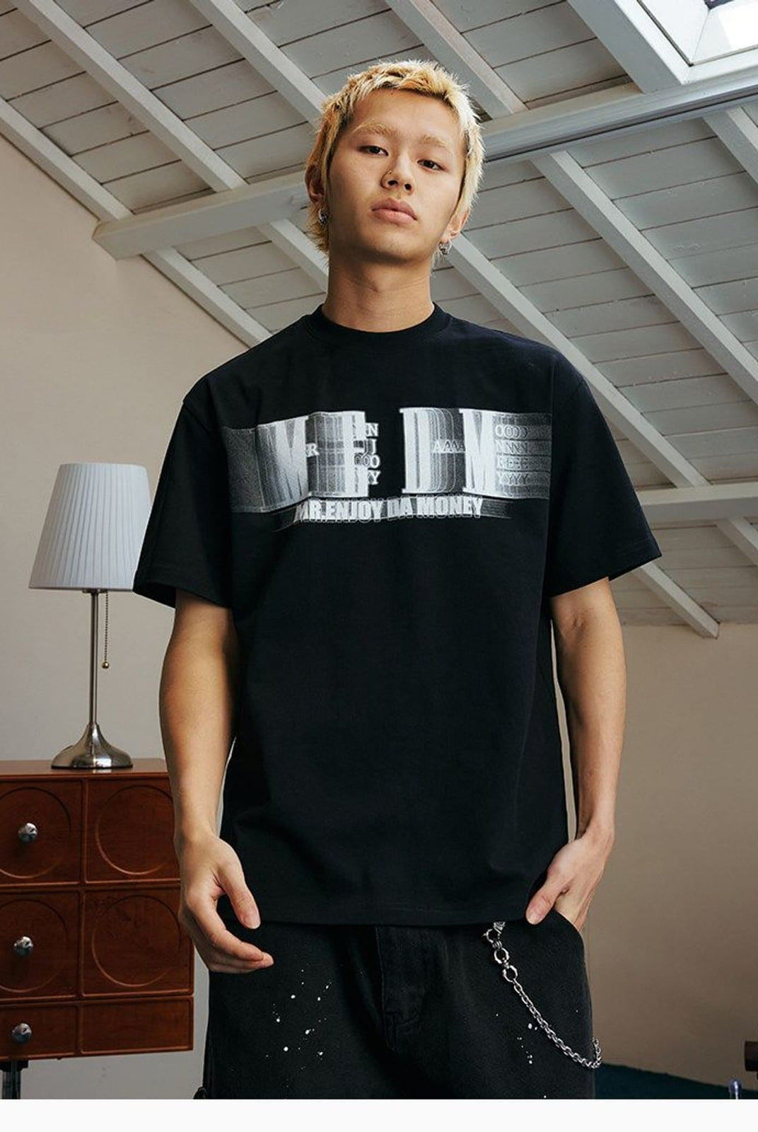 MEDM Glitch Logo Graphic Cotton T Shirt in Black - On Male Model