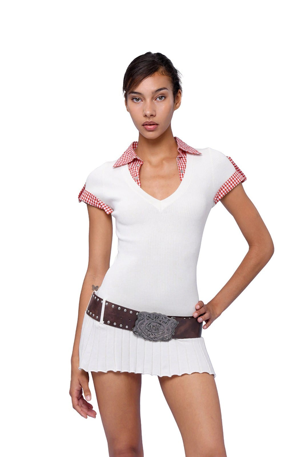 SweetChilling Mock Two Piece Cotton Dress with Belt in Black - On Female Model