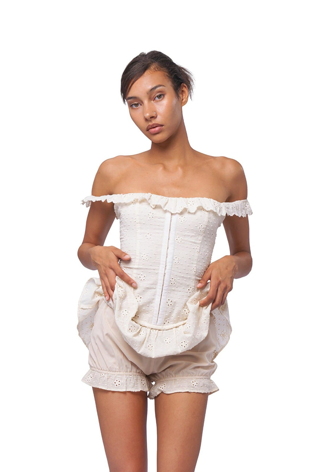 SweetChilling Cotton Eyelet Off Shoulder Mini Dress in White - On Female Model
