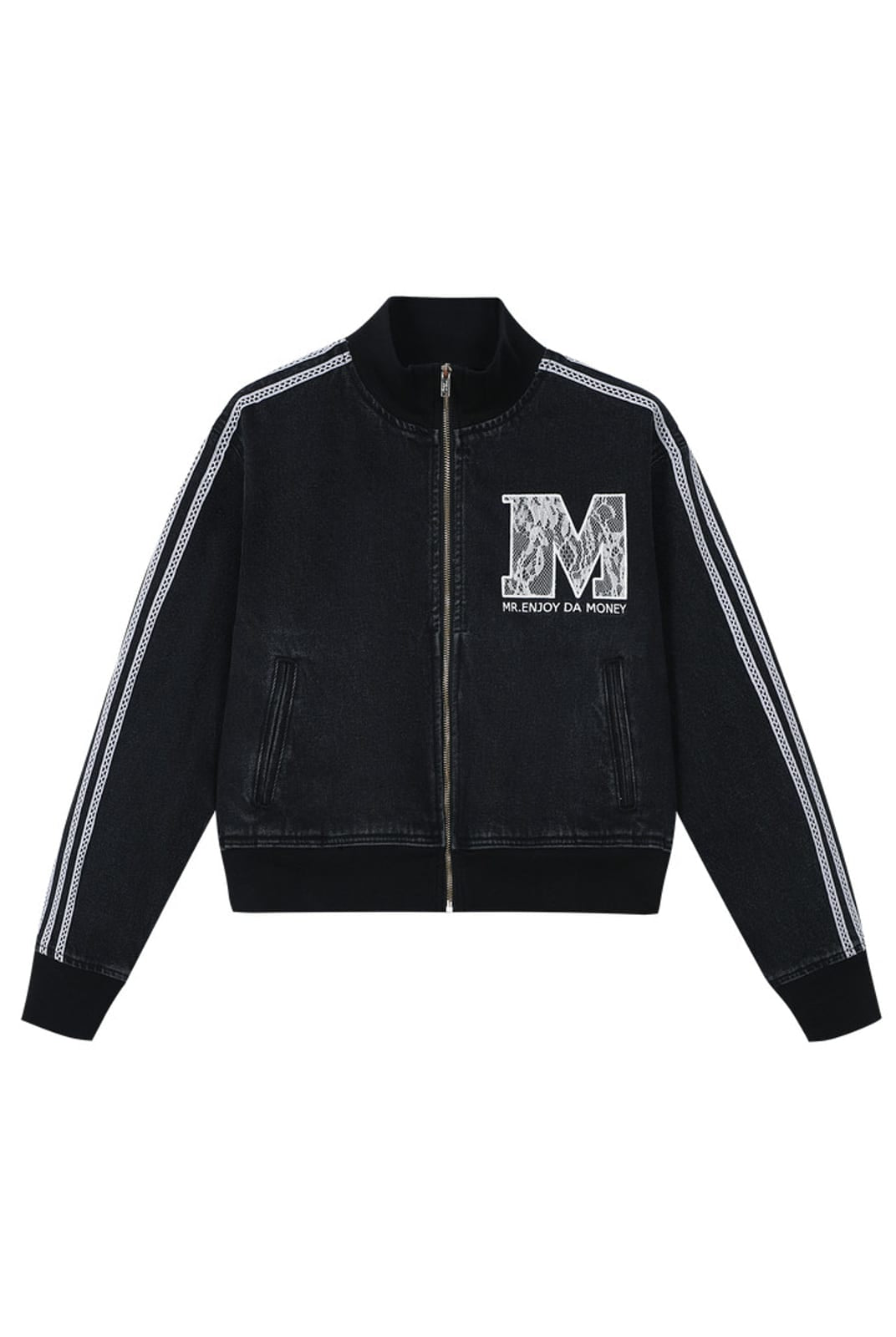 MEDM Lace Trim Stand Collar Denim Jacket in Black