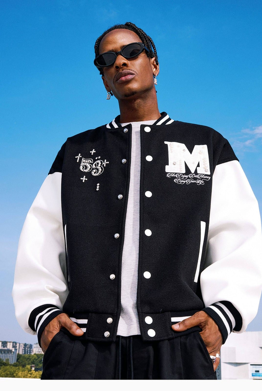 MEDM Pearl Embellished Varsity Jacket in Black - On Male Model