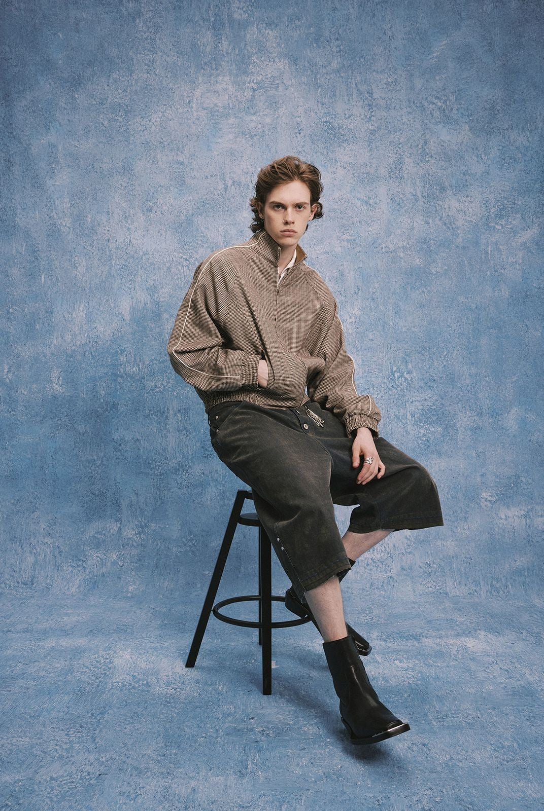 SOD Wool Blend Houndstooth Track Jacket in Khaki - On Male Model