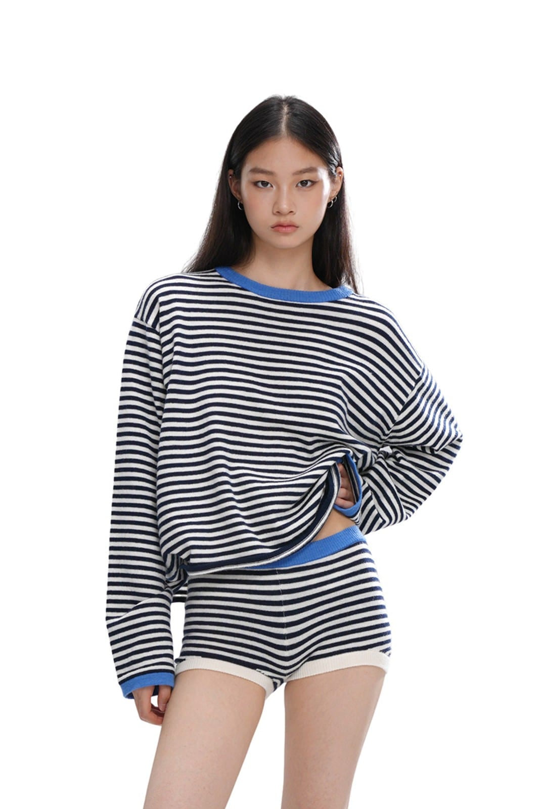 SweetChilling Striped Wool Blend Crewneck Sweater in White - On Female Model