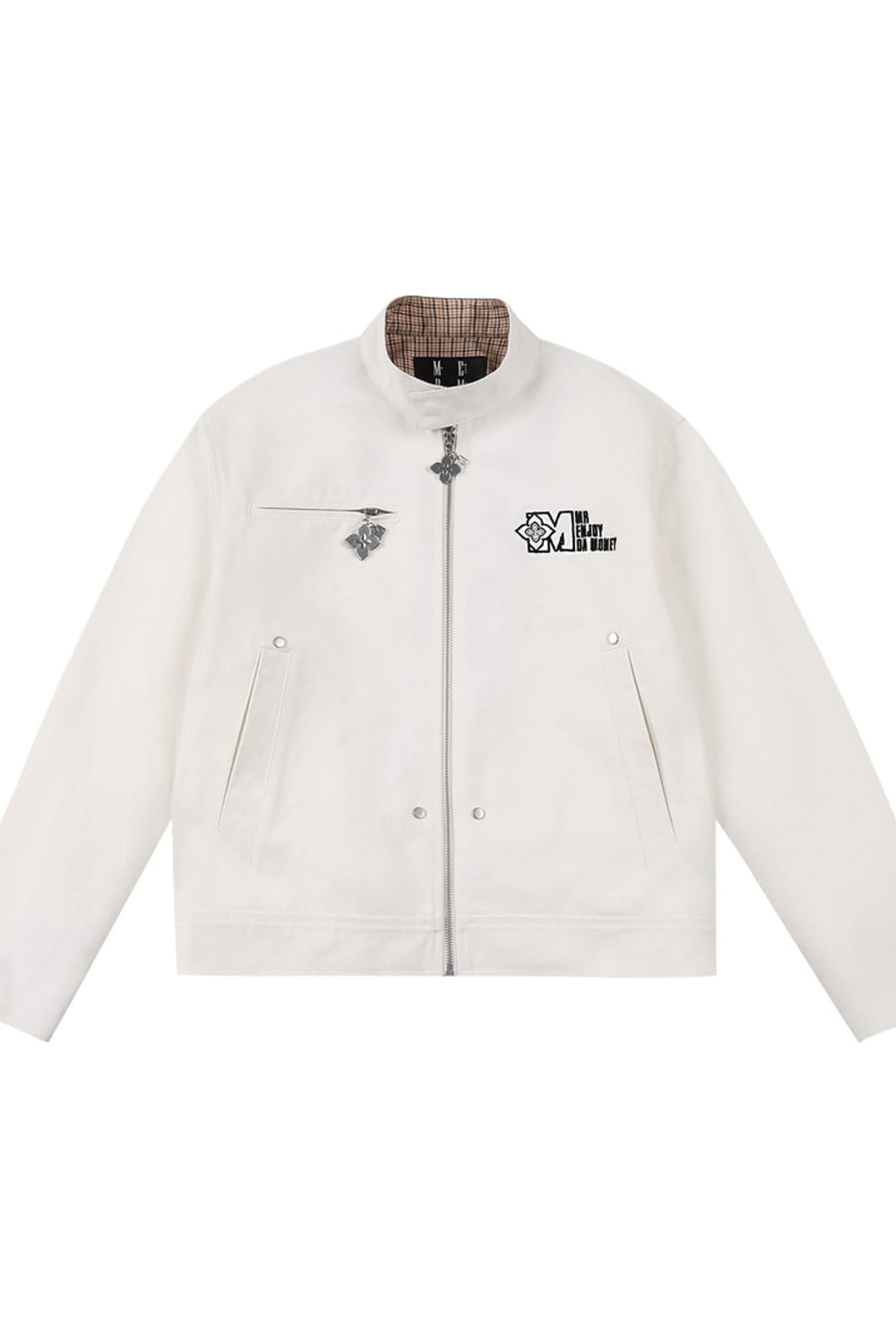 MEDM Plaid Collar Cotton Zip Up Jacket in White