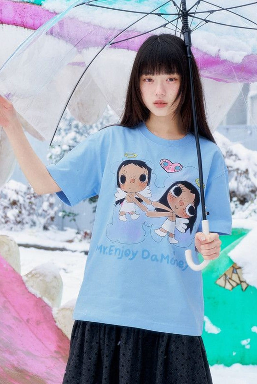 MEDM Embroidered Heart Cotton T Shirt in Sky Blue - On Female Model