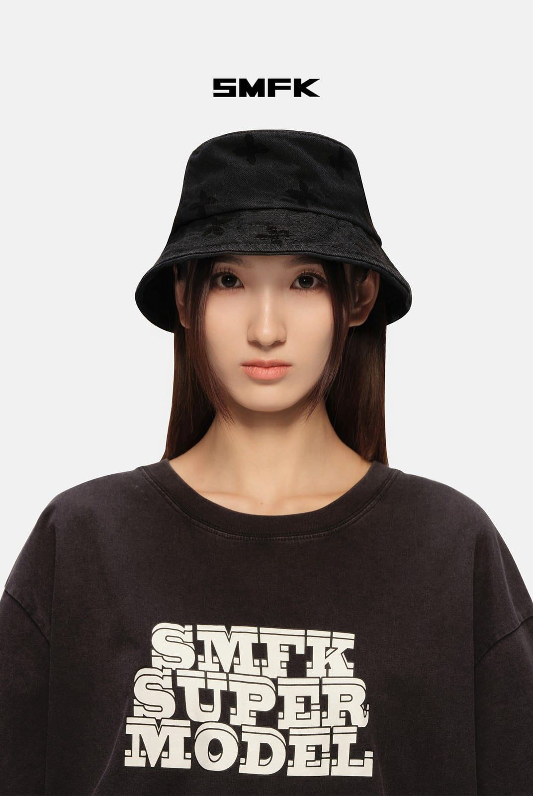 SMFK Distressed Frayed Denim Bucket Hat in Black - On Female Model