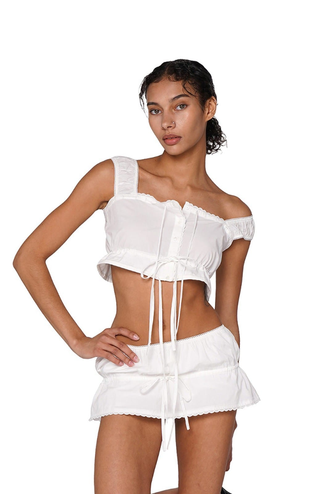 SweetChilling Scalloped Tie Front Cotton Blend Crop Top in White - On Female Model