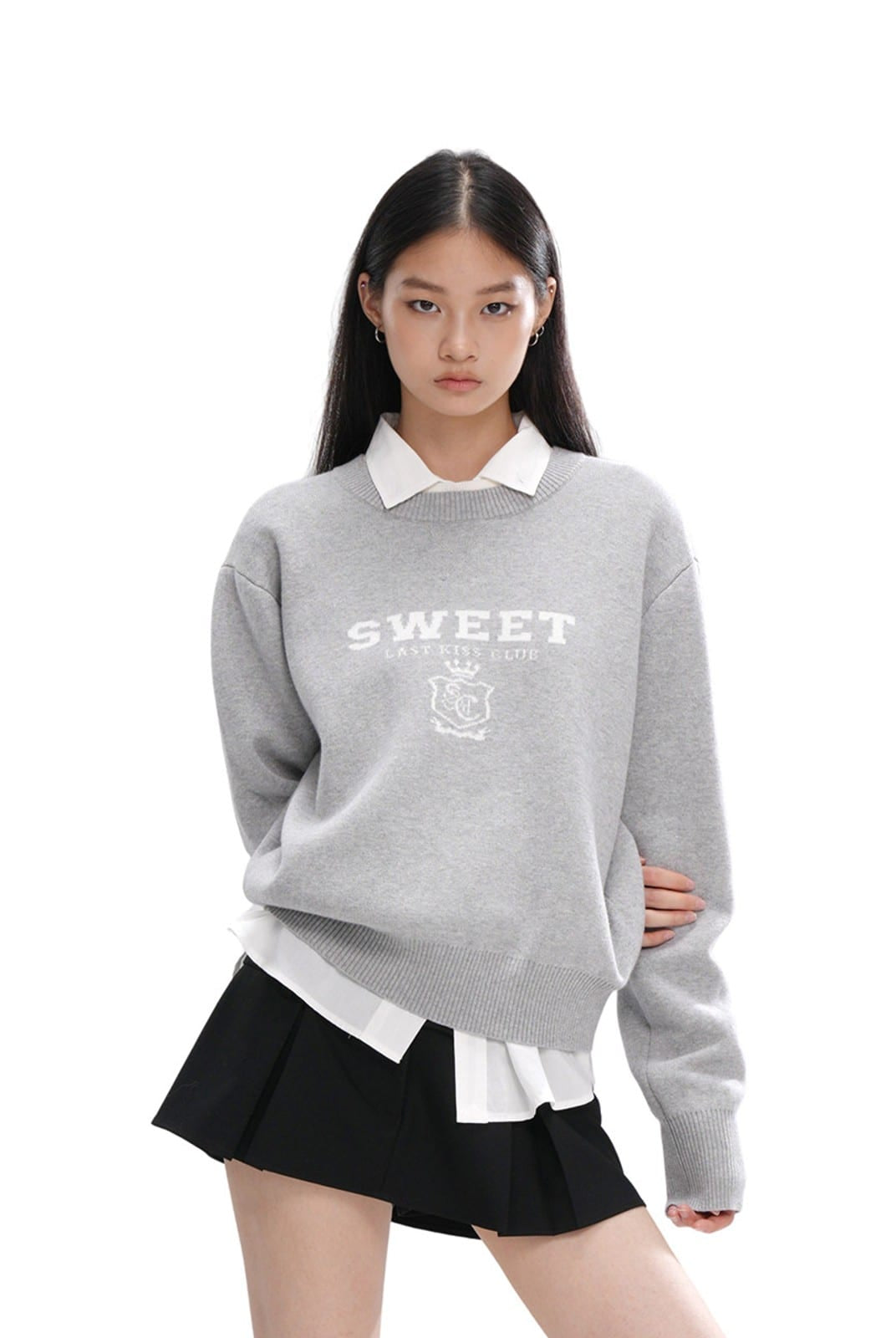 SweetChilling Layered Look Jacquard Crewneck Sweater in Gray - On Female Model