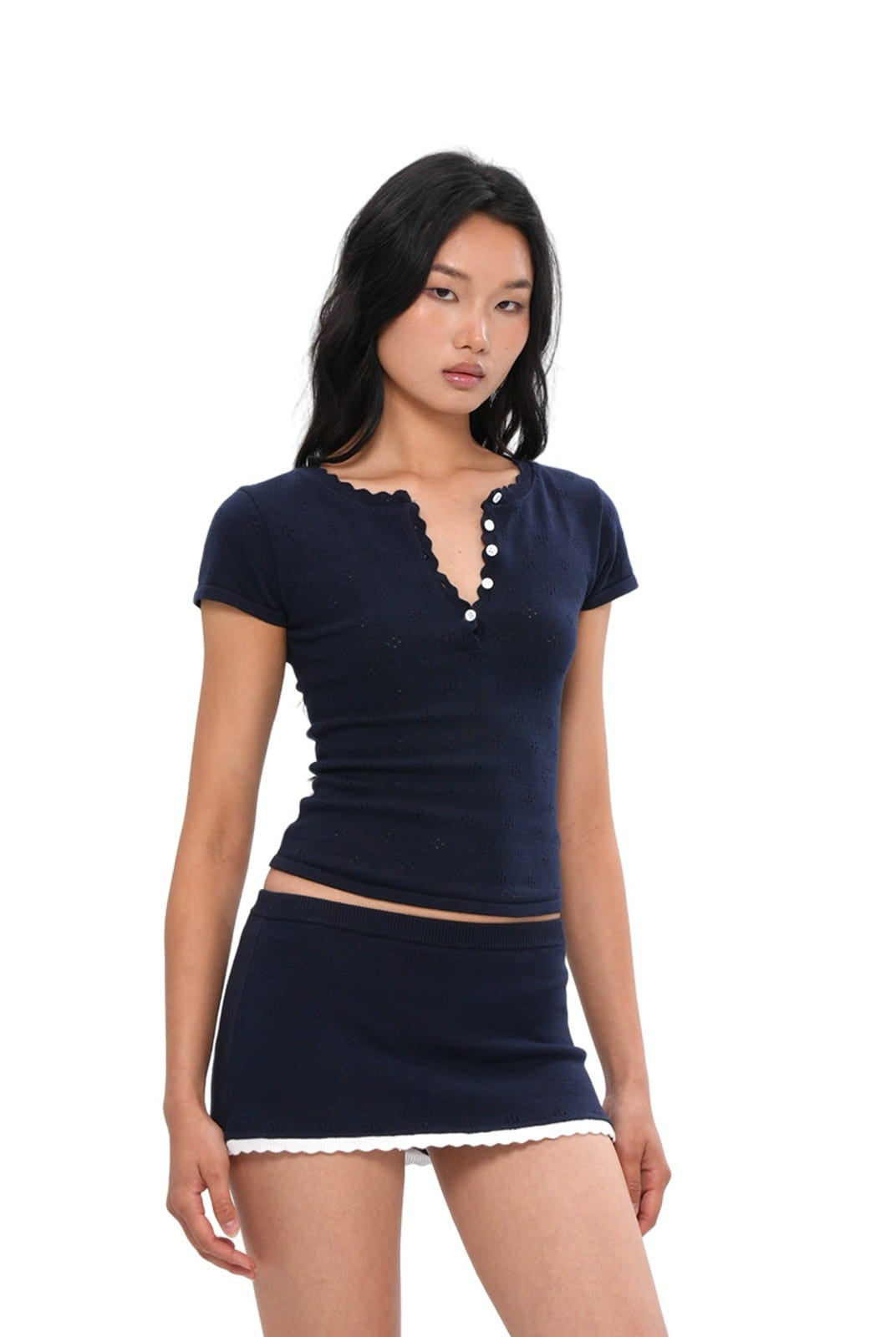 SweetChilling Contrast Hem Knit Mini Skirt in Navy Blue - On Female Model