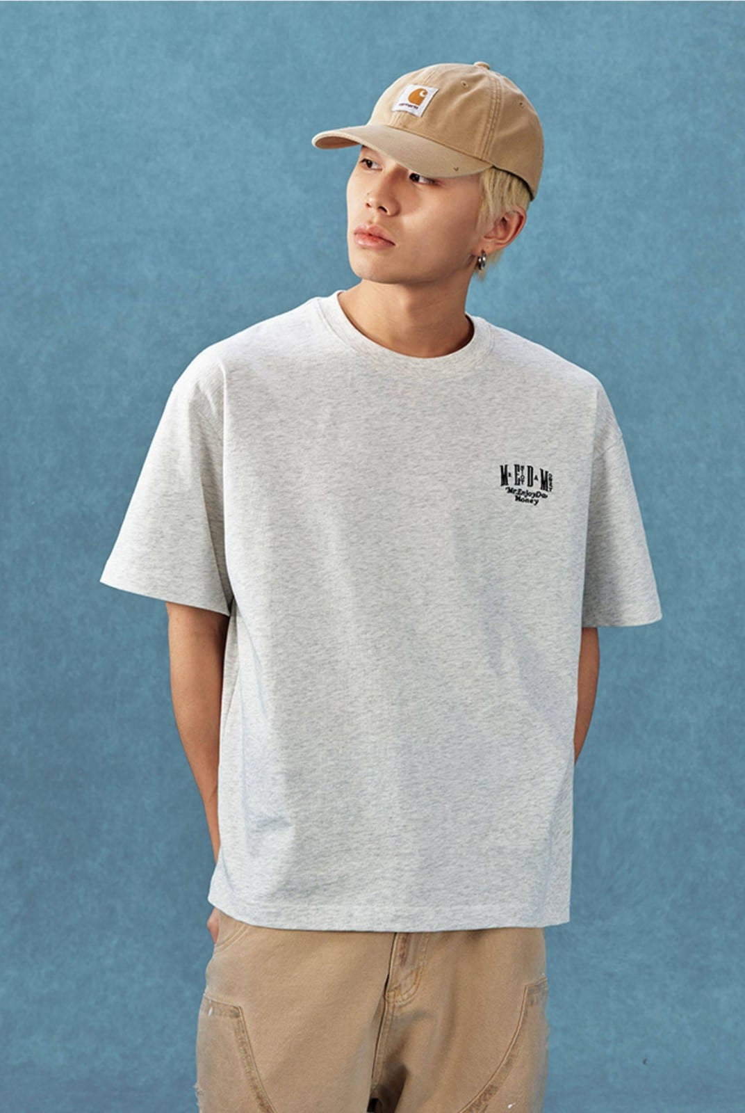 MEDM Letter Embroidery Cotton T Shirt in Gray - On Male Model