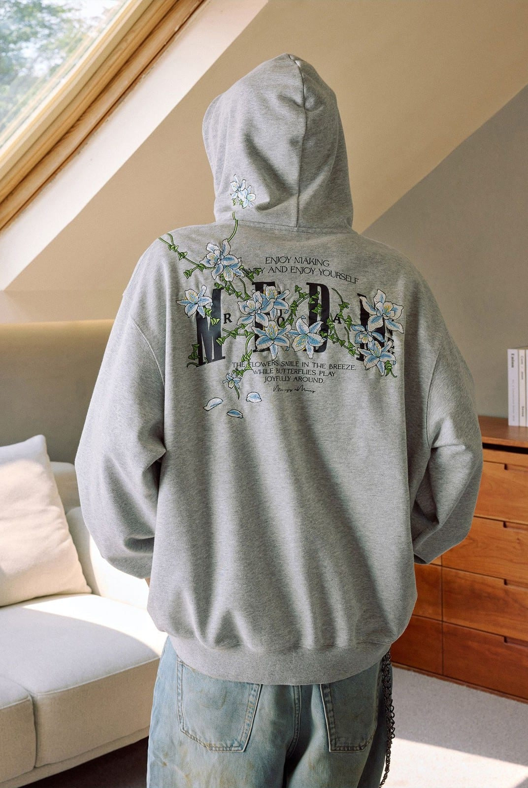 MEDM Floral Embroidered Zip Up Hoodie in Gray - On Model