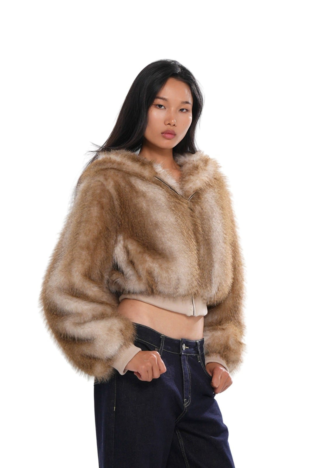 SweetChilling Faux Fur Hooded Cropped Jacket in Brown - On Female Model