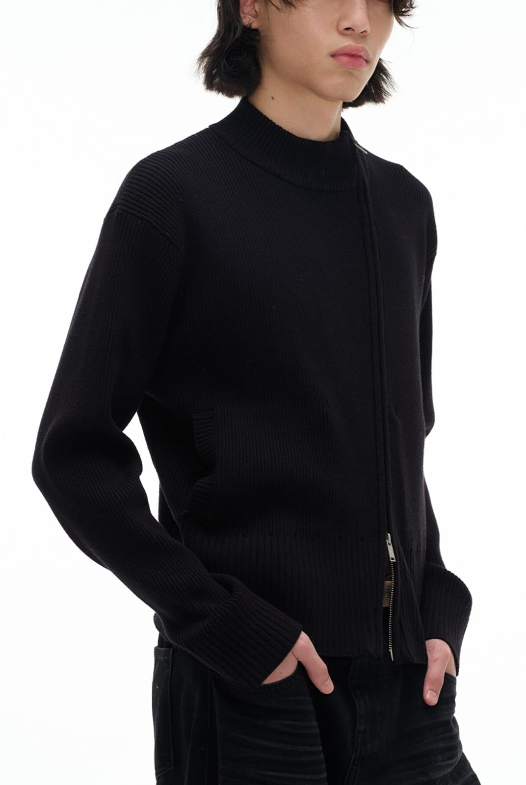 JCAESAR STUDIO Two Way Diagonal Zip Ribbed Sweater in Black - On Male Model