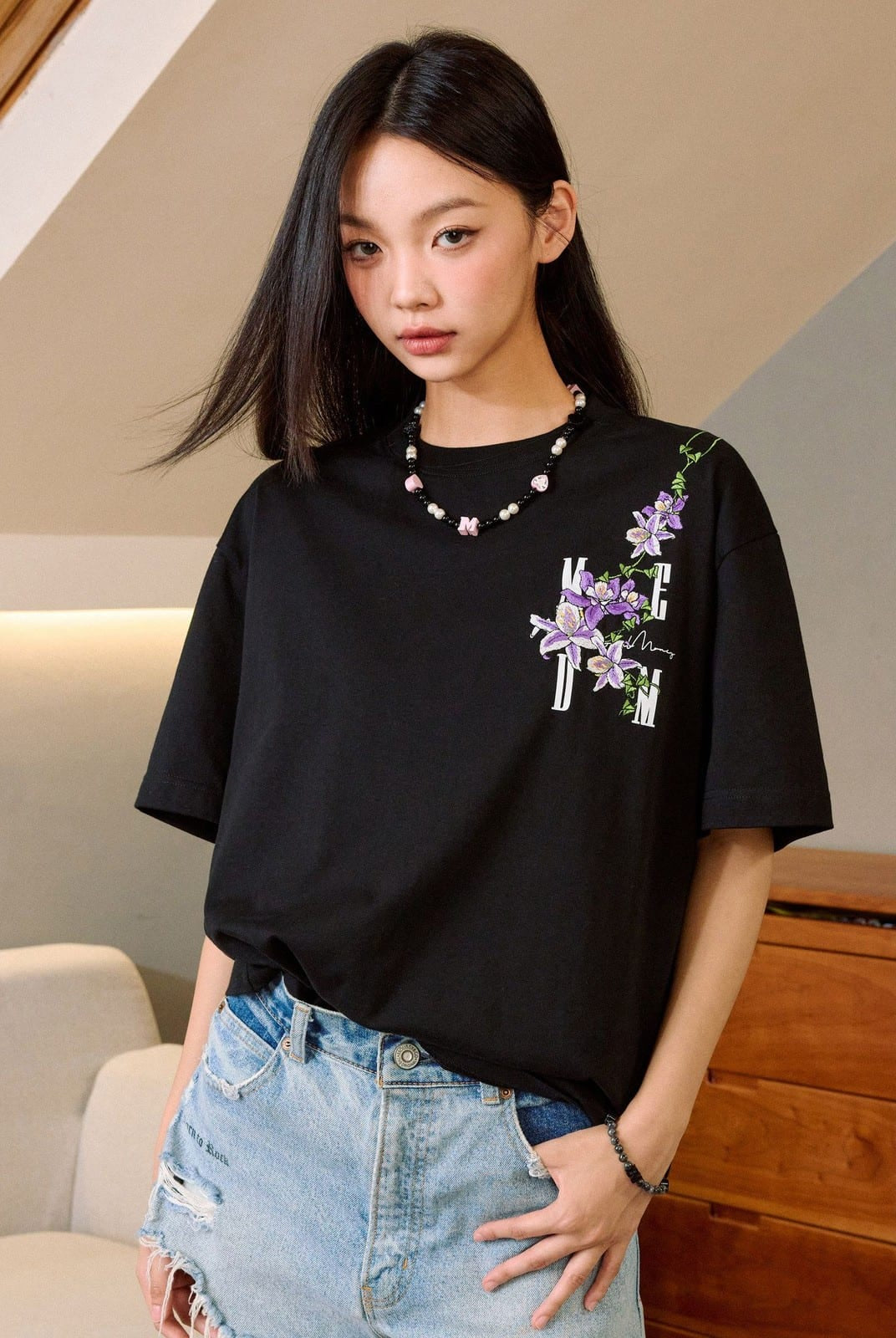 MEDM Floral Vine Embroidered T Shirt in Black - On Female Model