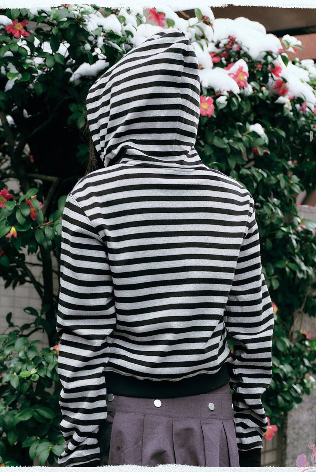 MEDM Cropped Striped Applique Zip Hoodie in Black - On Model