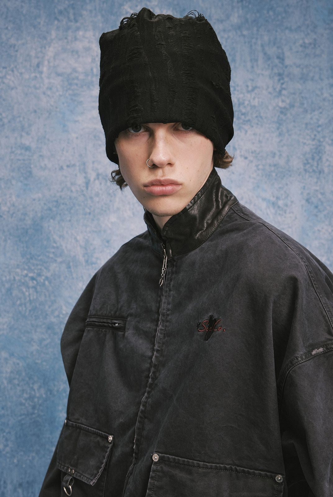 SOD Distressed Leather Collar Work Jacket in Blue - On Male Model