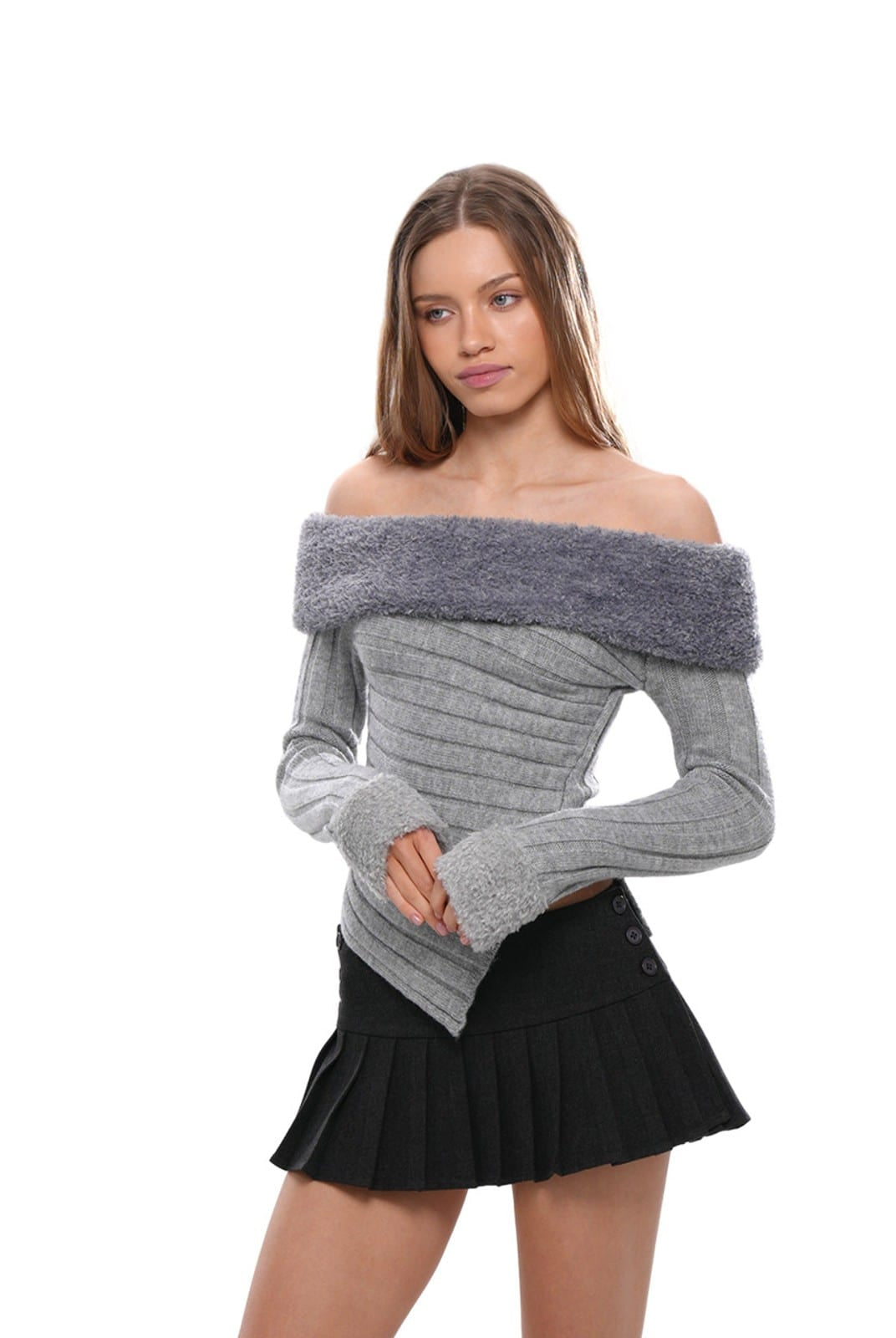 SweetChilling Faux Fur Trim Off The Shoulder Sweater in Gray - On Female Model