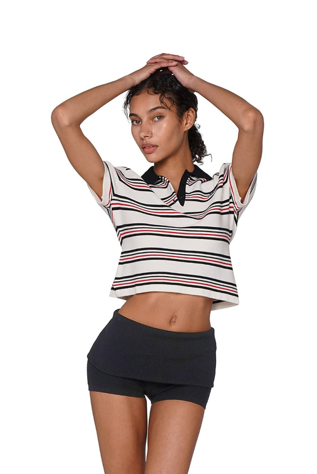 SweetChilling Fold Over Ribbed Knit Shorts in Black - On Female Model
