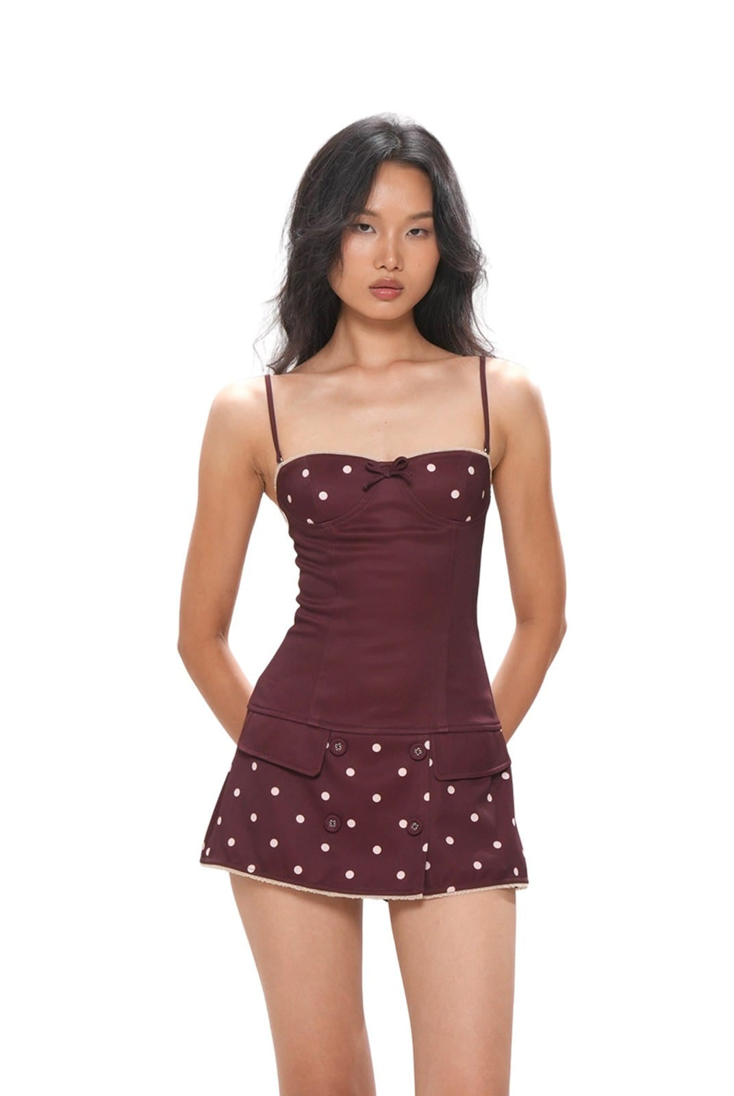 SweetChilling Polka Dot Bustier Mini Dress in Brown - On Female Model