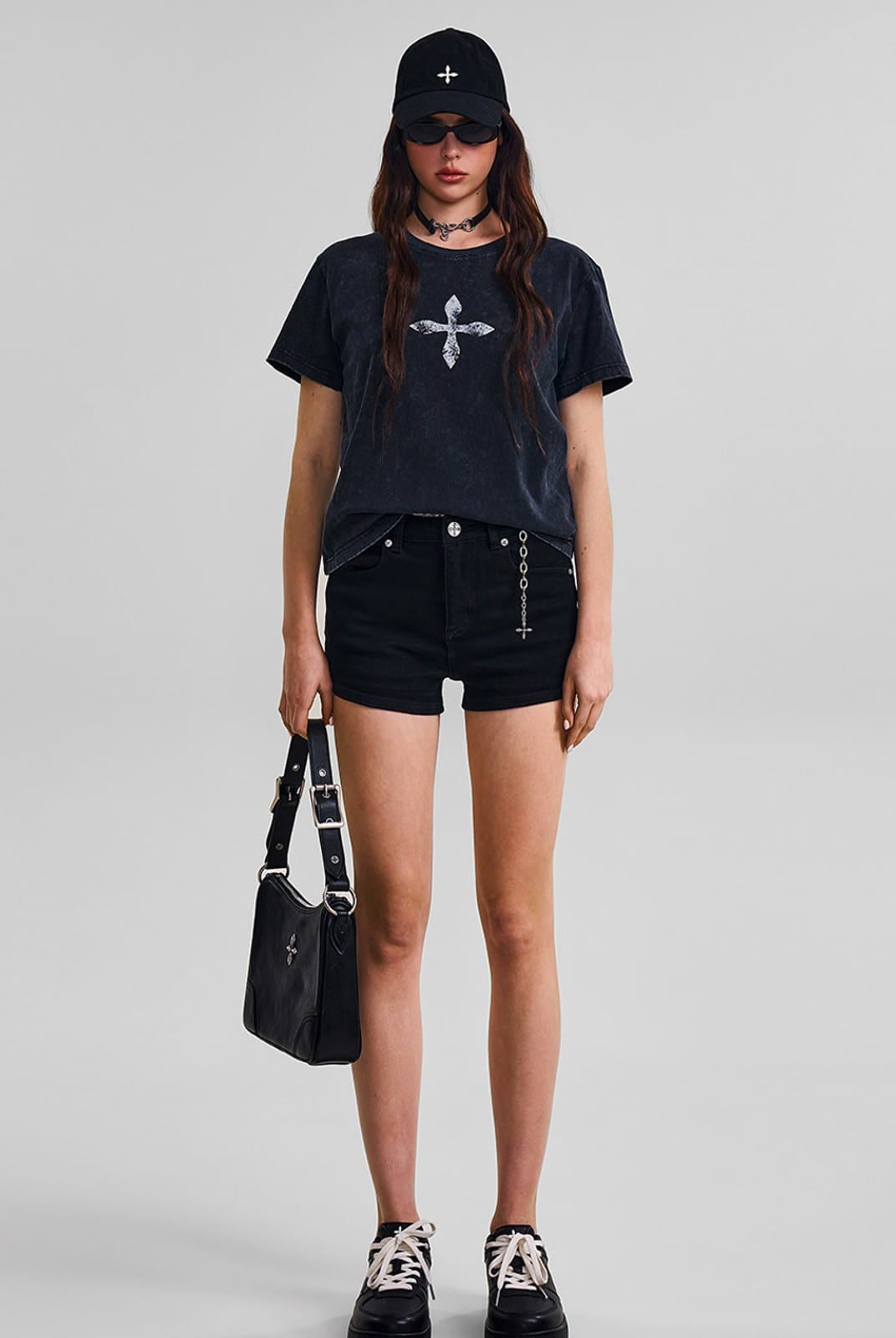 SMFK Vintage Wash Cross Graphic T Shirt in Gray - On Female Model