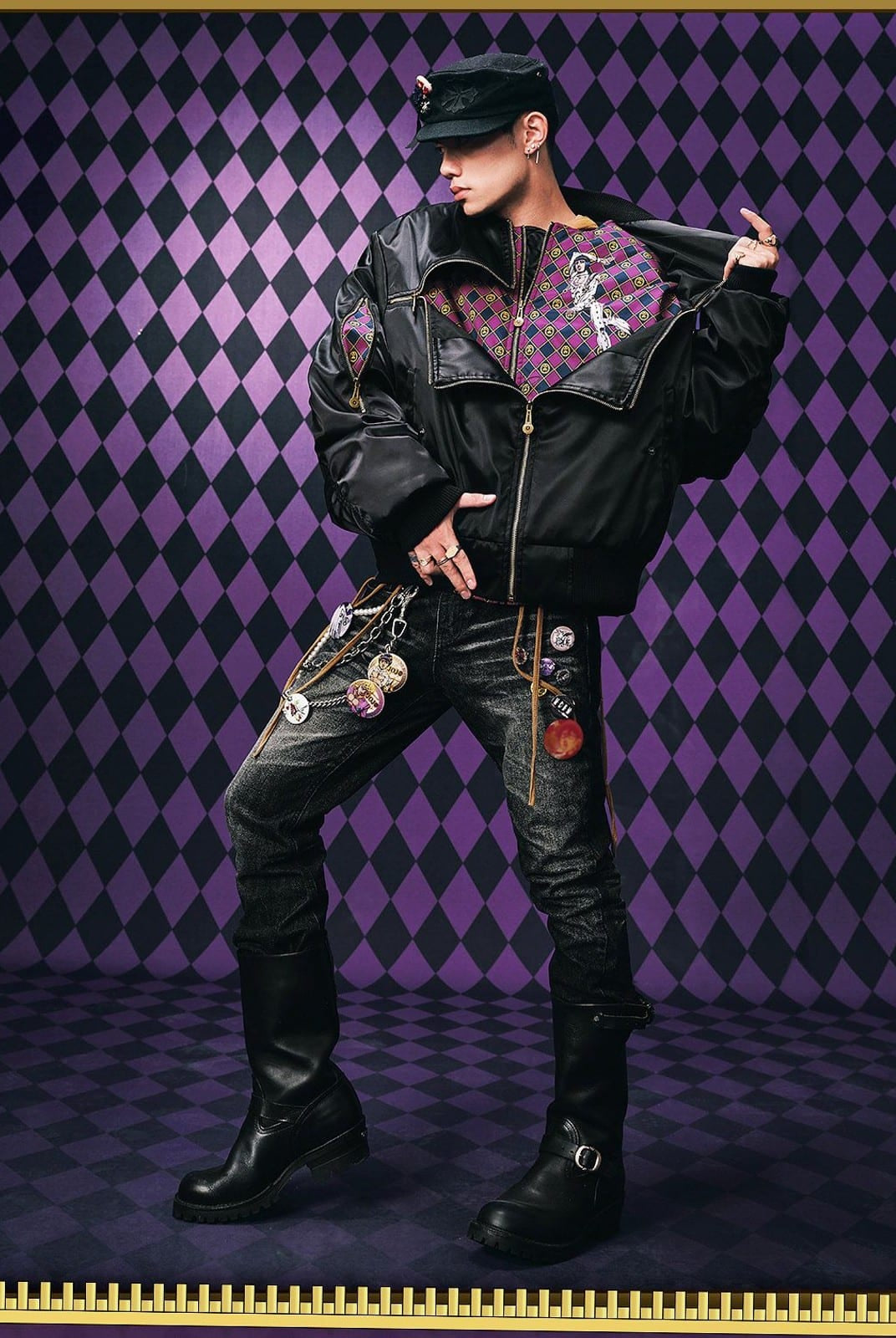 MEDM JoJo Collab Graphic Puffer Bomber in Black - On Male Model