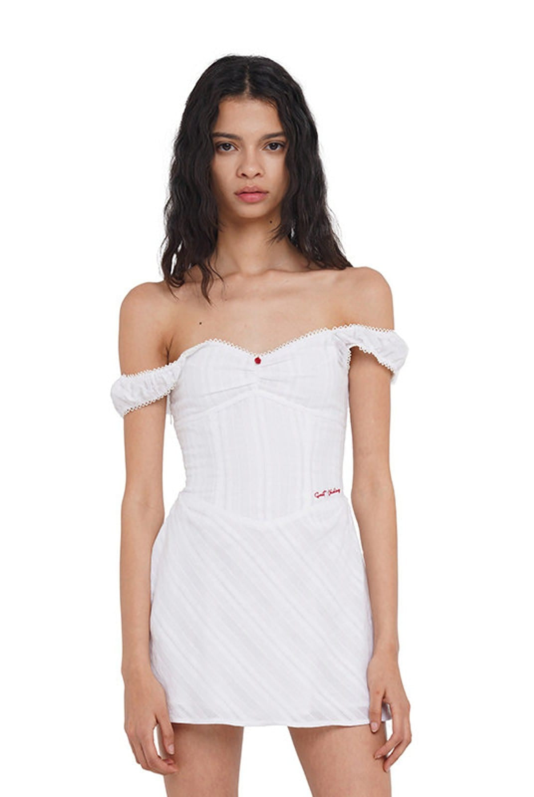 SweetChilling Off the Shoulder Corset Mini Dress in White