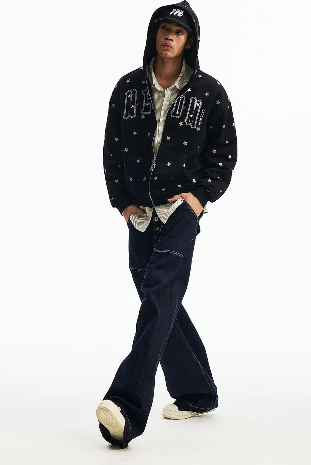 MEDM Fleece Lined Star Print Zip Hoodie in Black - On Male Model