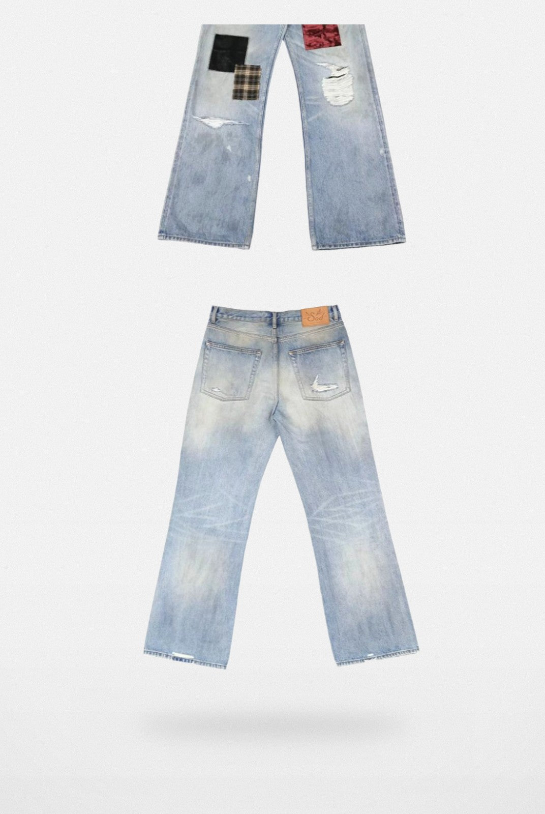 SOD Co. Patchwork Velvet Plaid Flare Jeans in Blue