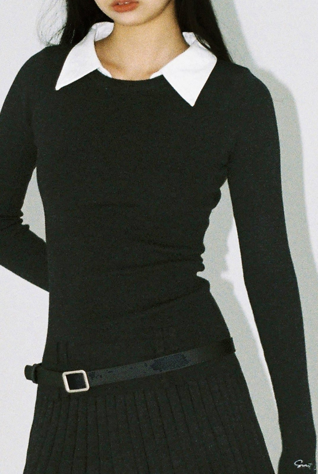 SweetChilling Layered Look Pleated Dress with Belt in Gray - On Female Model