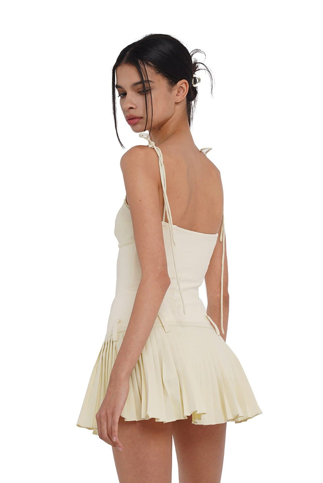 SweetChilling Pleated Paneled Slip Mini Dress in Yellow - On Female Model